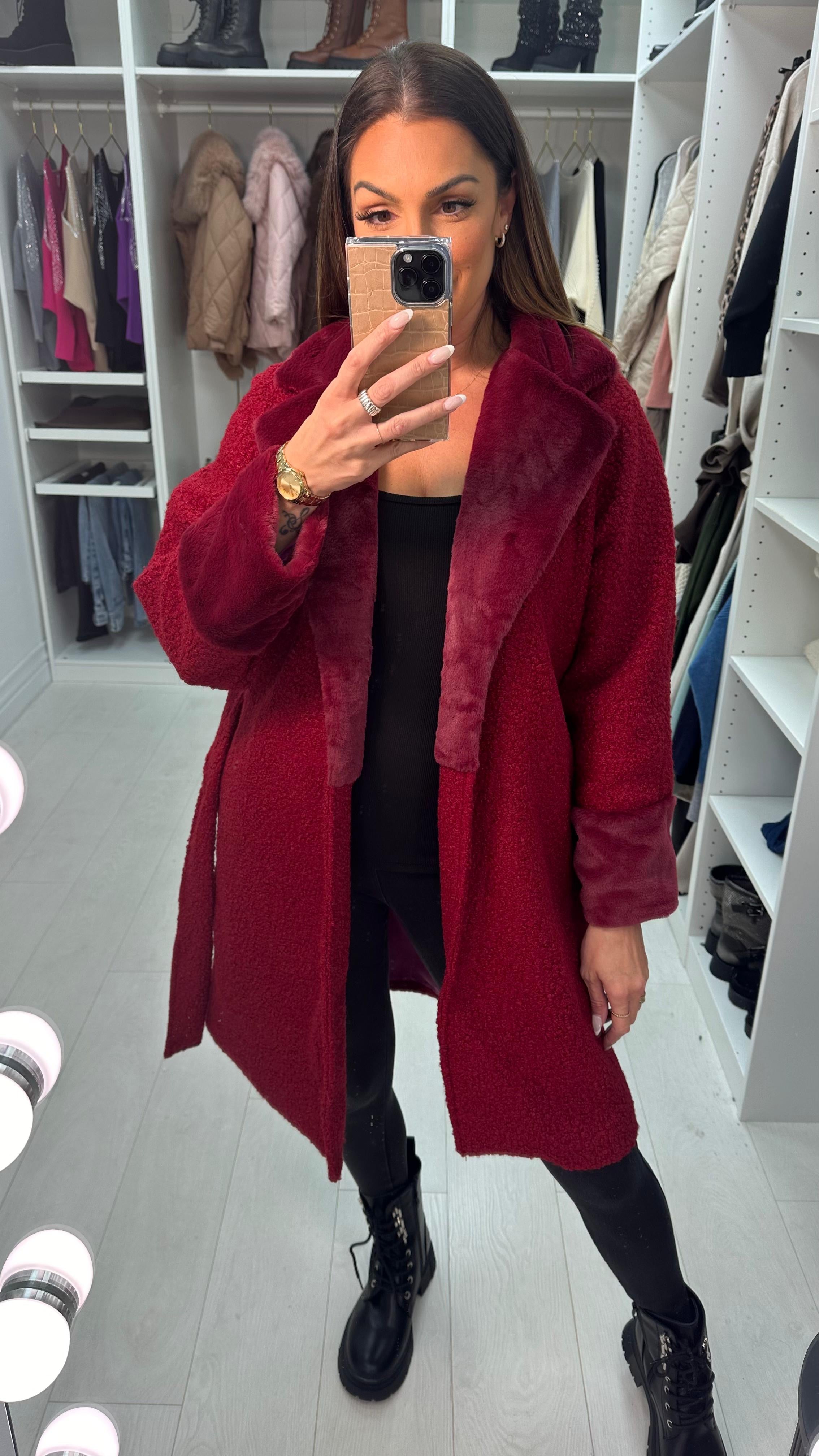 Pamy Boucle Faux Fur Detail Belted Coat