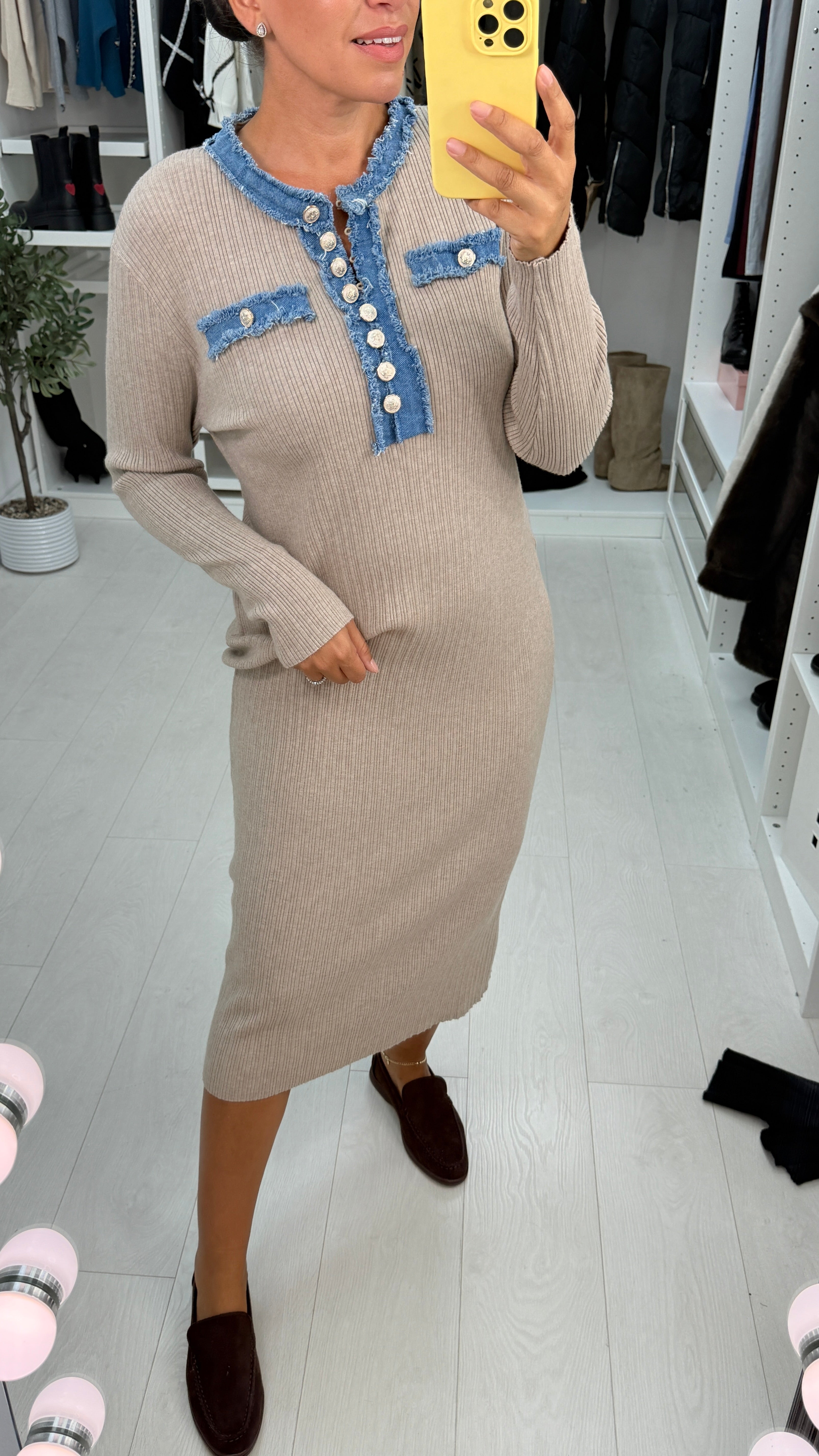 Aleena Ribbed Denim Detail Midi Dress