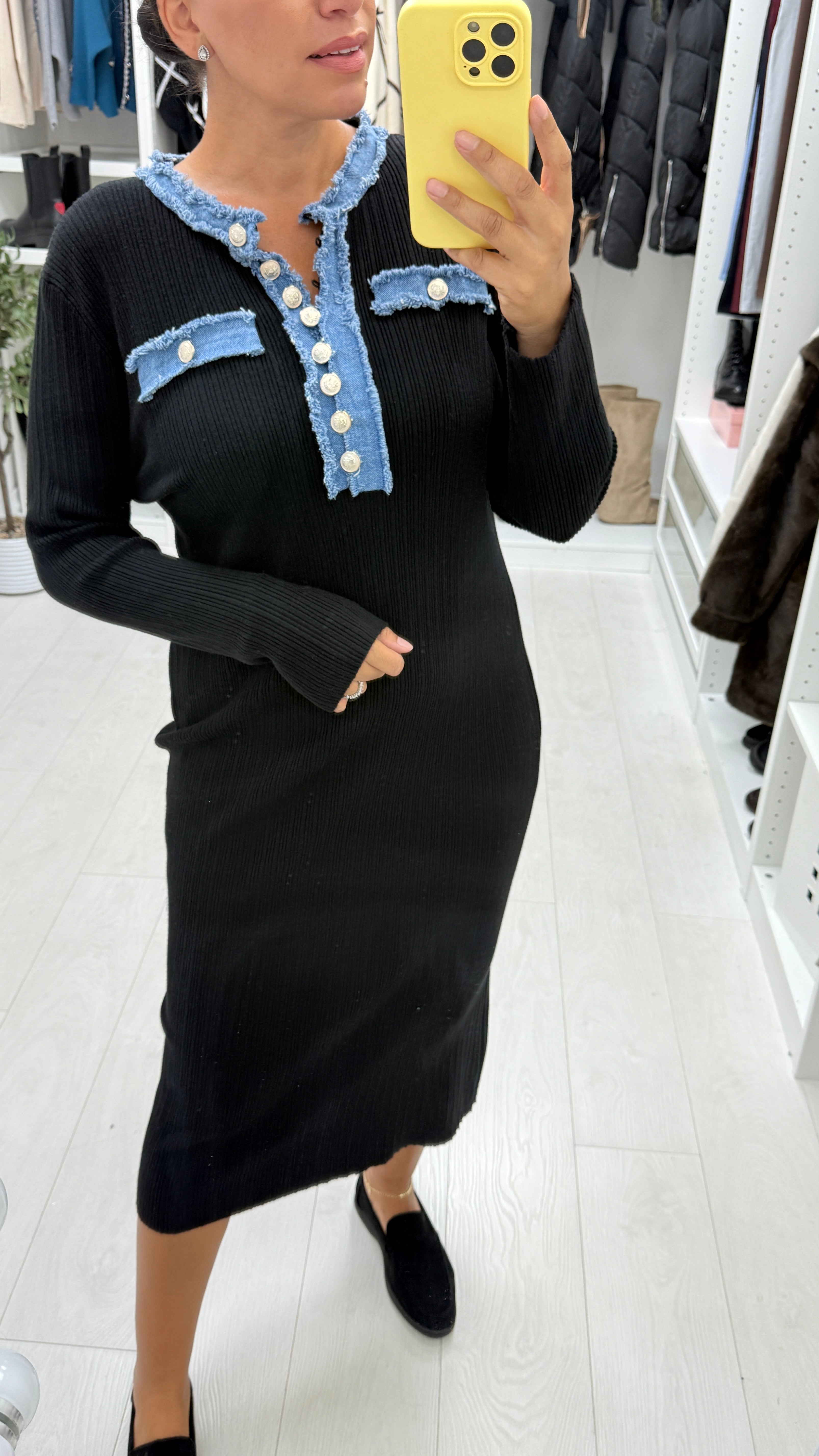 Aleena Ribbed Denim Detail Midi Dress