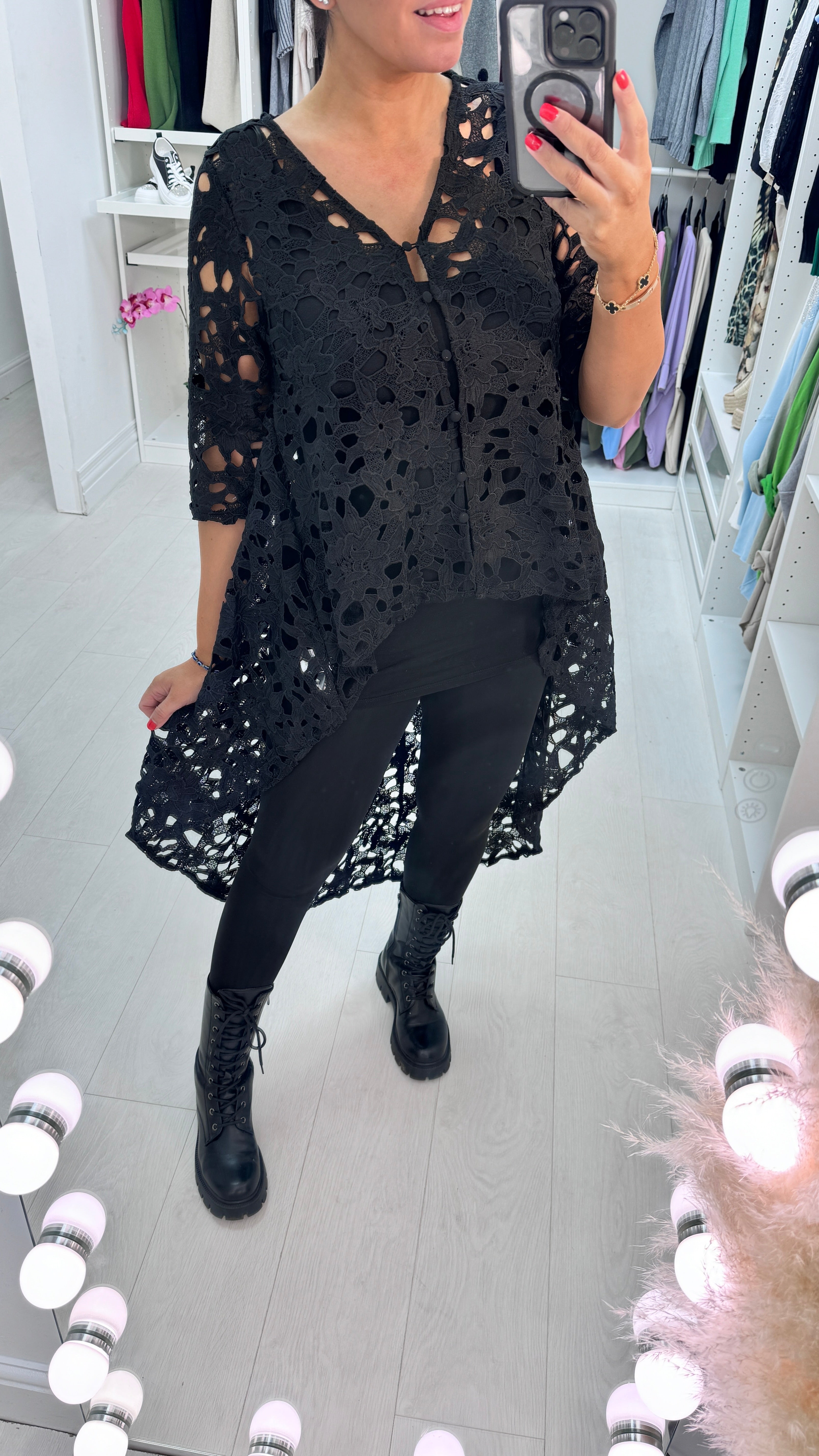 Solana Black Crochet Dipped Hem Top