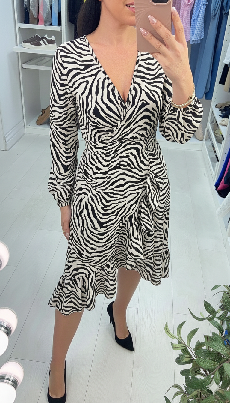 Tabby Black And Cream Ruffle Wrap Dress