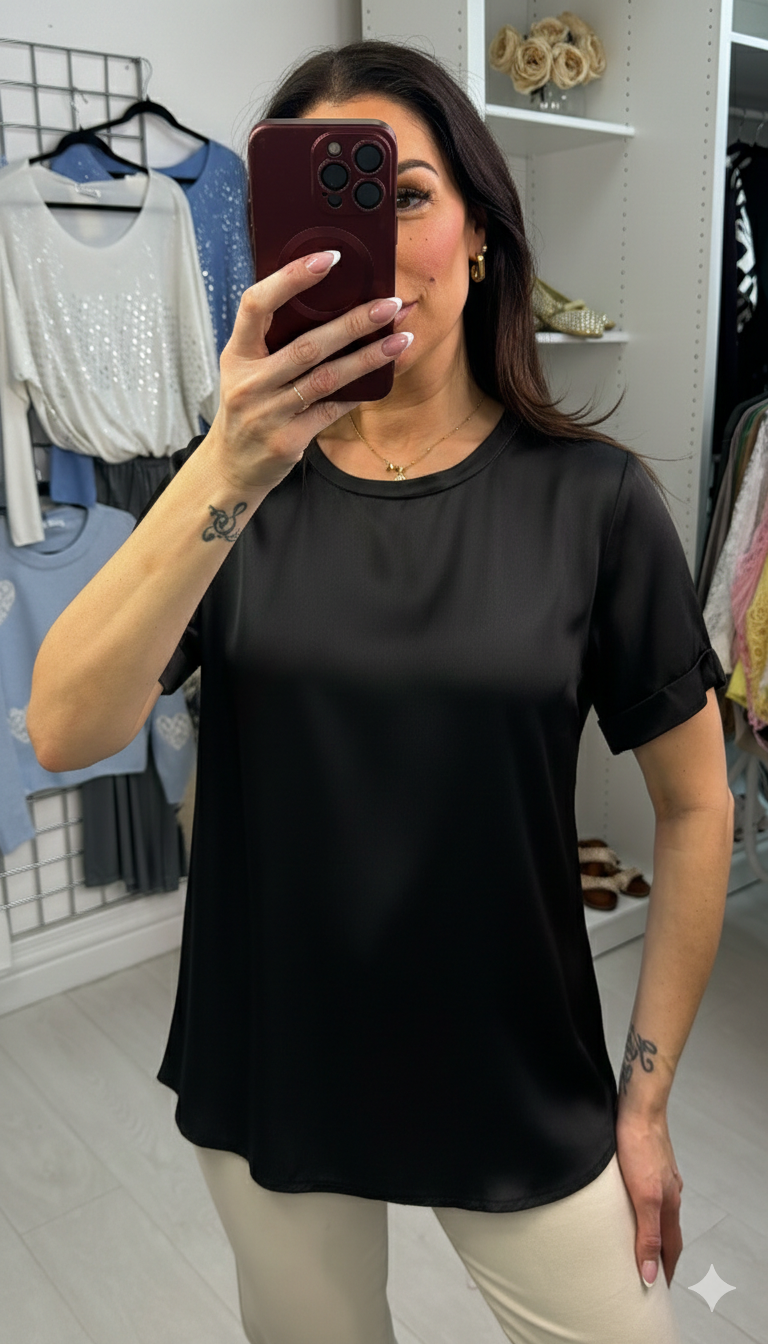 Letita Plain Satin Dipped Hem Short Sleeve Top