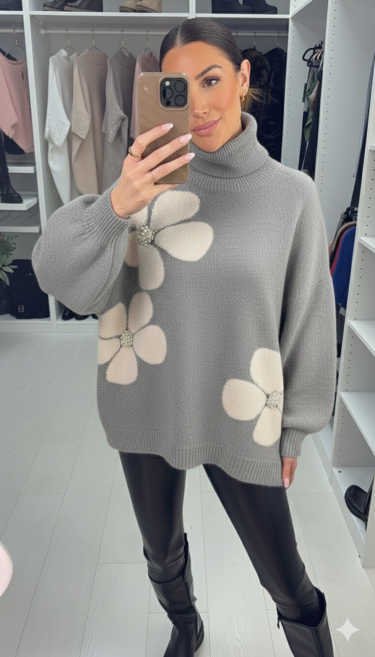 Clare Embellished Floral Detail Oversized Roll Neck Jumper