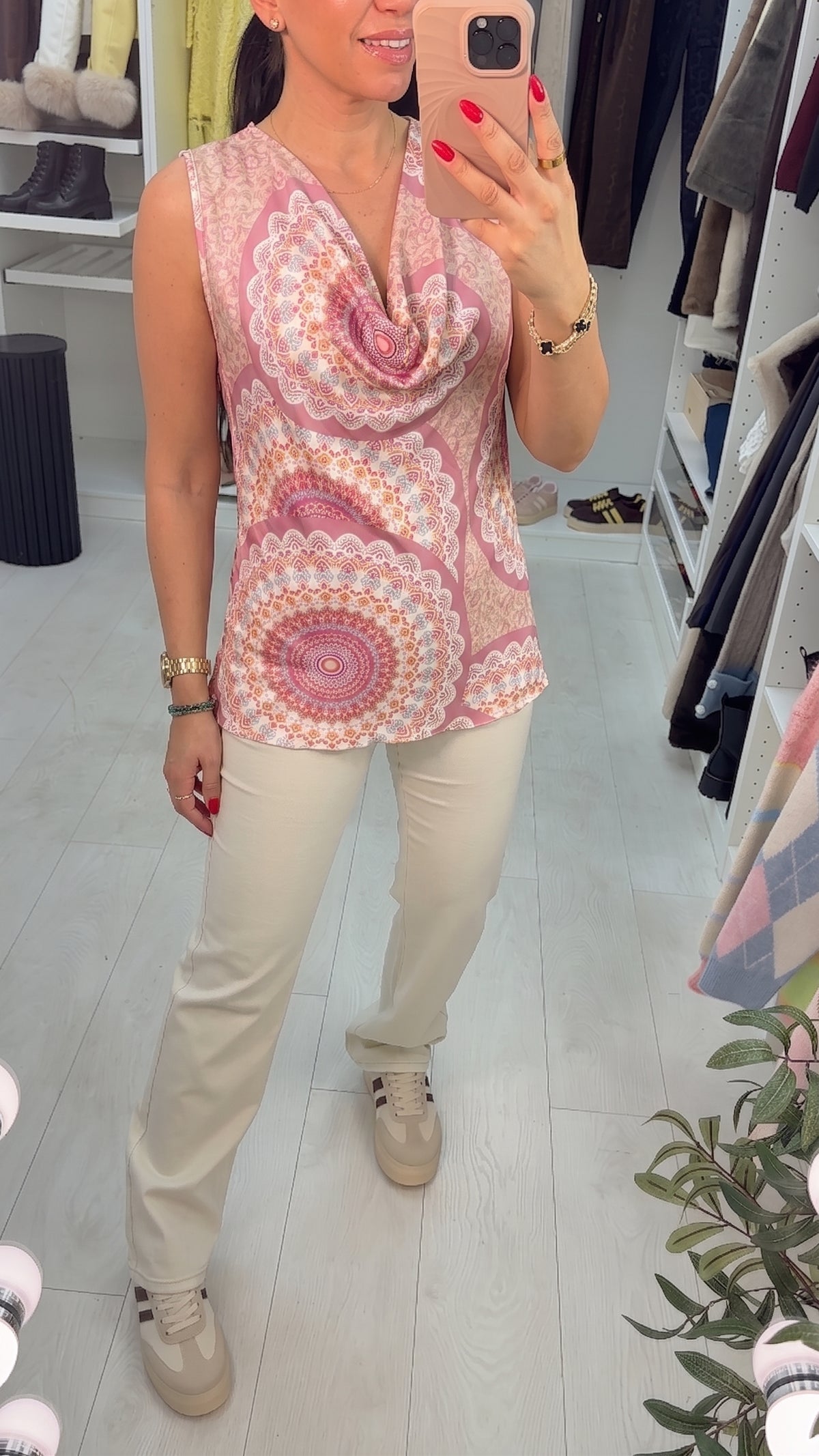 Palace Tile Print Satin Cowl Neck Top