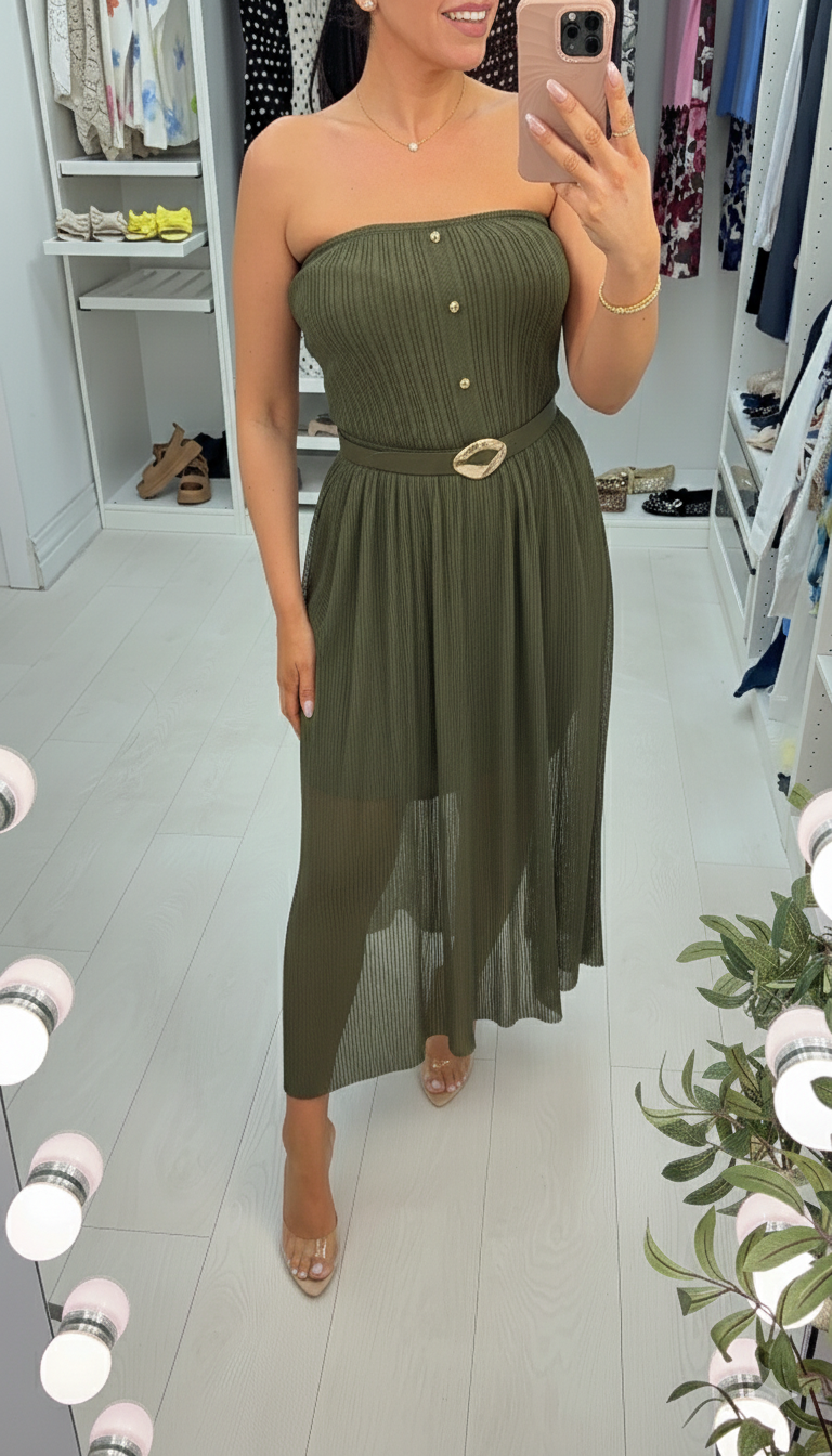 Beverley Ribbed & Mesh Bardot Midi Dress