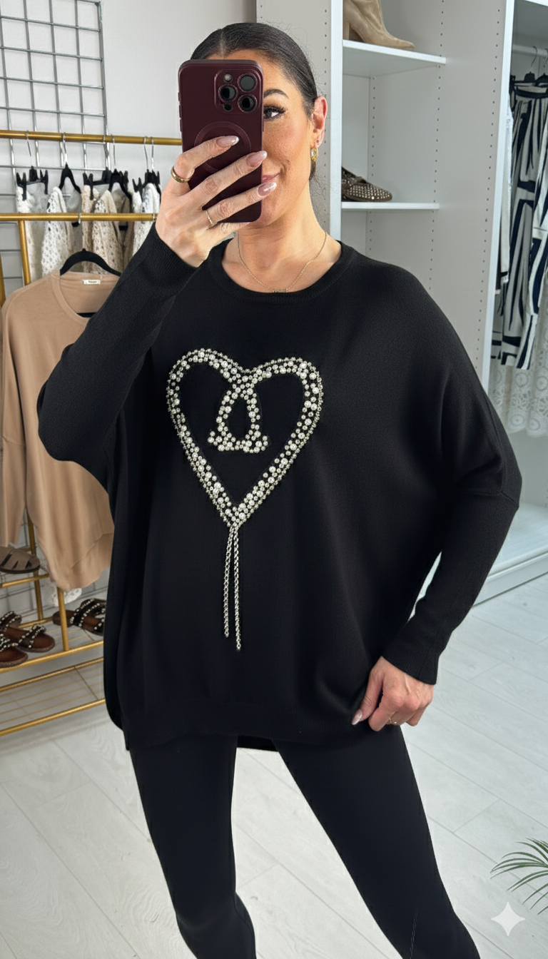 Jona Diamante & Pearl Heart Detailed Knitted Jumper