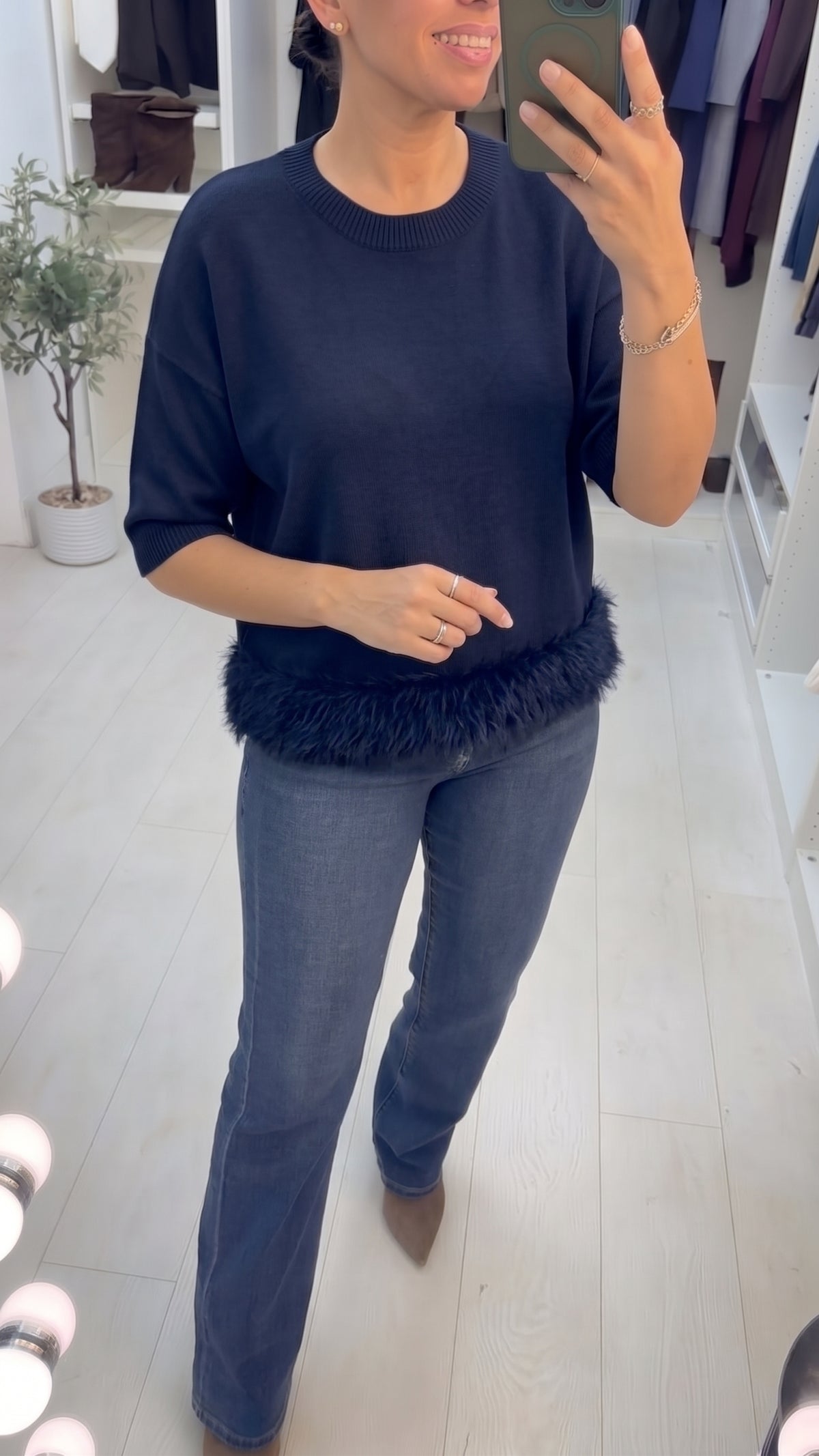 Kylah Short Sleeved Knit Top with Faux Fur Trim