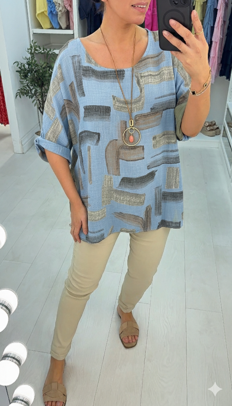 Ivona Abstract Print Necklace Dipped Hem Top