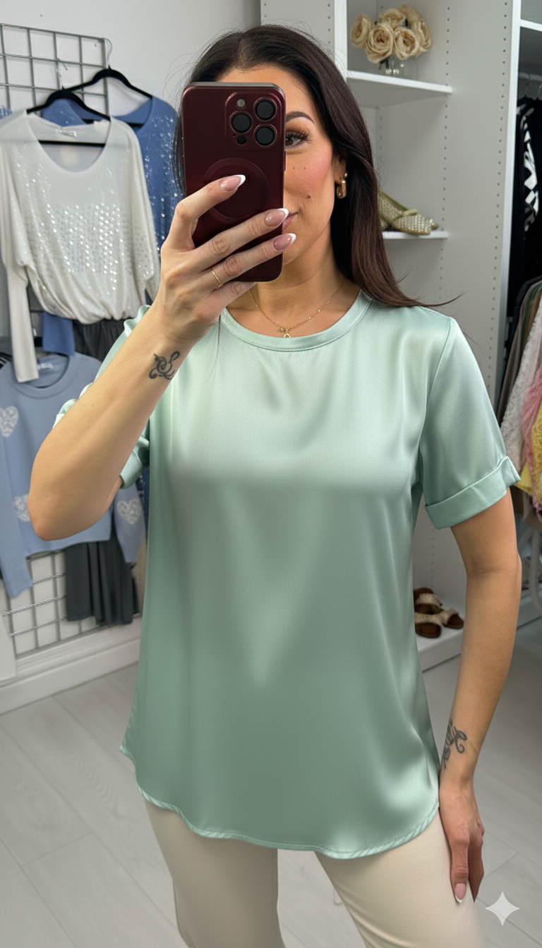 Letita Plain Satin Dipped Hem Short Sleeve Top