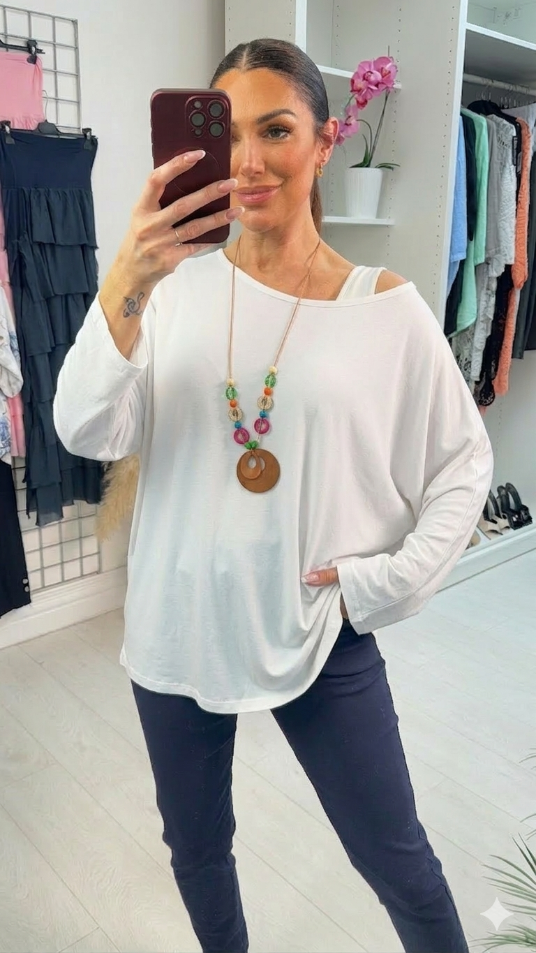 Gelina Plain Necklace Batwing Sleeve Super Soft Top