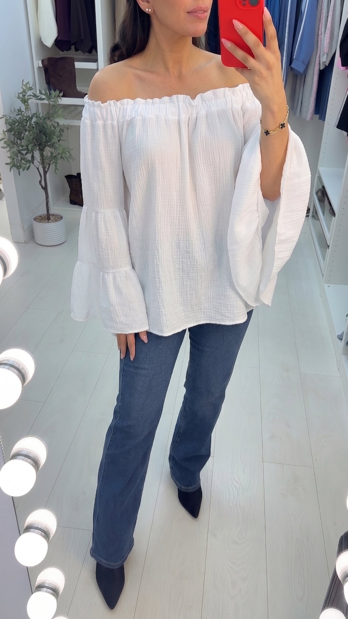 Delaney Cheesecloth Bardot Ruffle Sleeve Smock Top