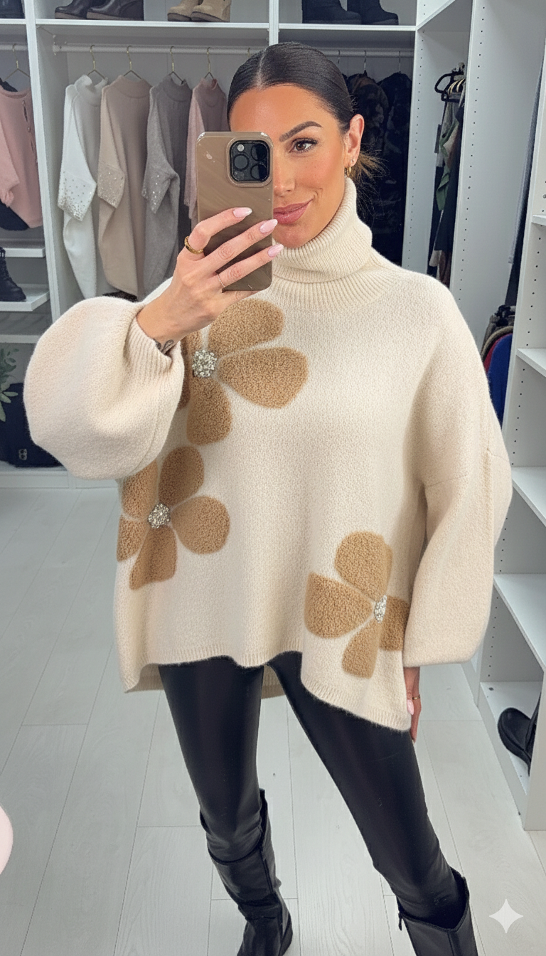 Clare Embellished Floral Detail Oversized Roll Neck Jumper