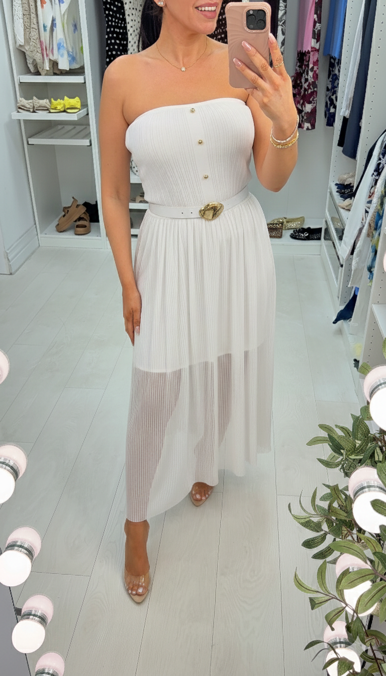 Beverley Ribbed & Mesh Bardot Midi Dress