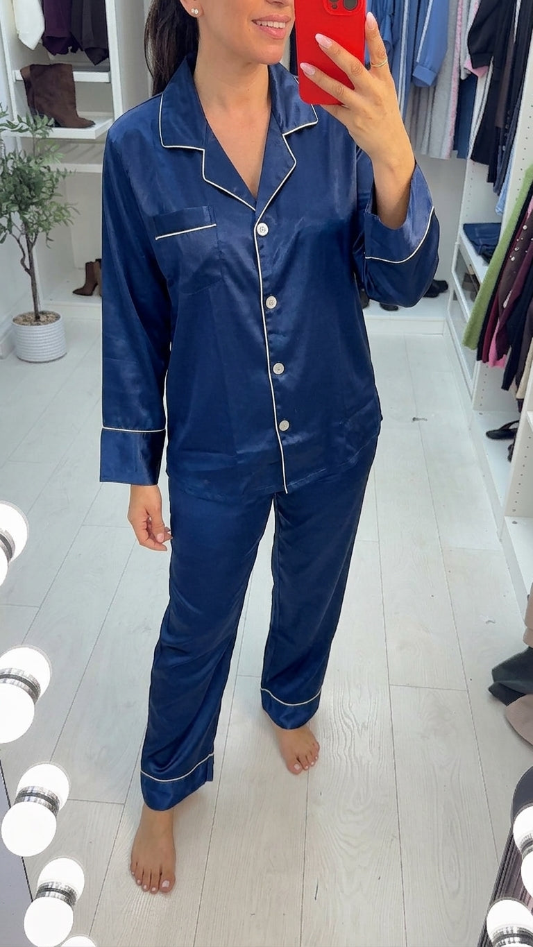 Rhianna Satin Long Sleeve Piped Trim Pyjama Set
