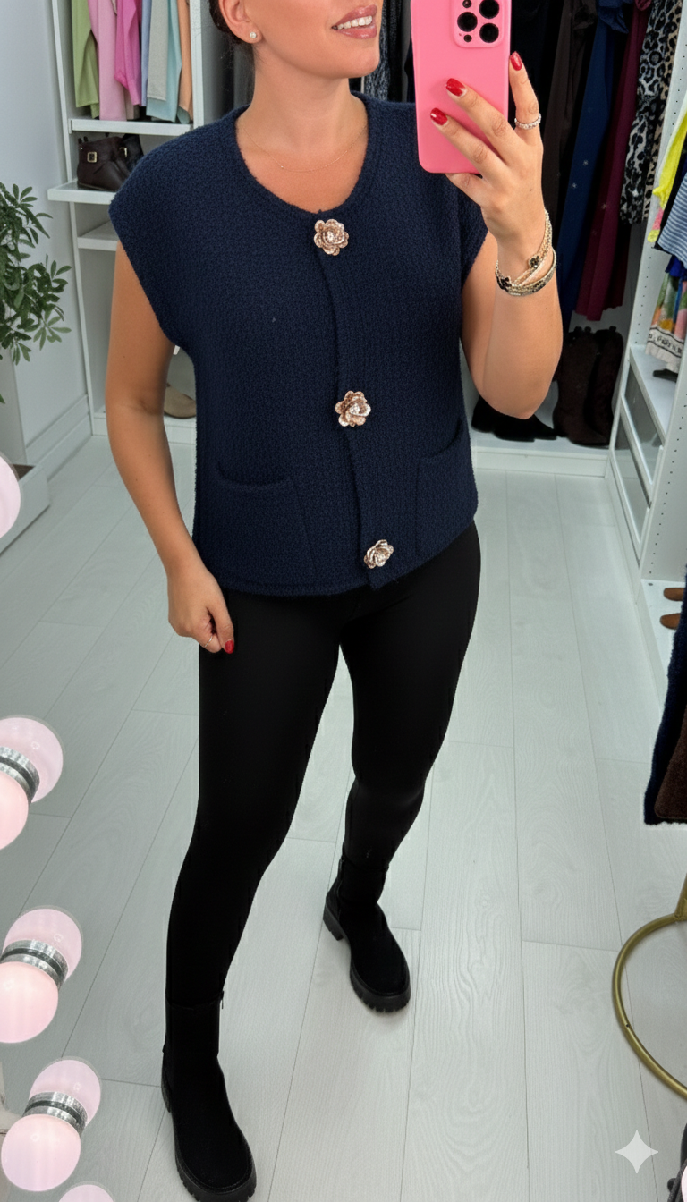 Lorella Plain Floral Button Detail Sleeveless Knit Cardigan