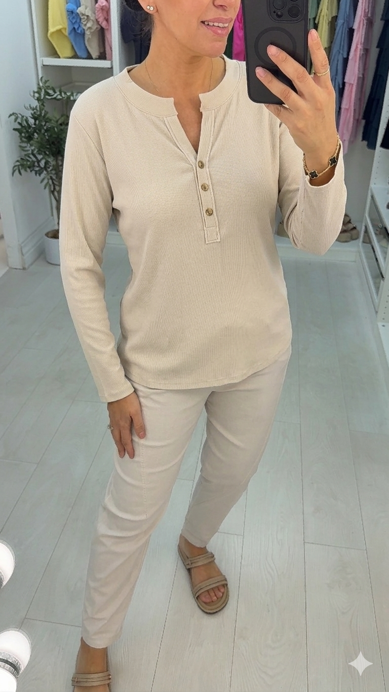 Lily Plain Ribbed V Neck Long Sleeve Top