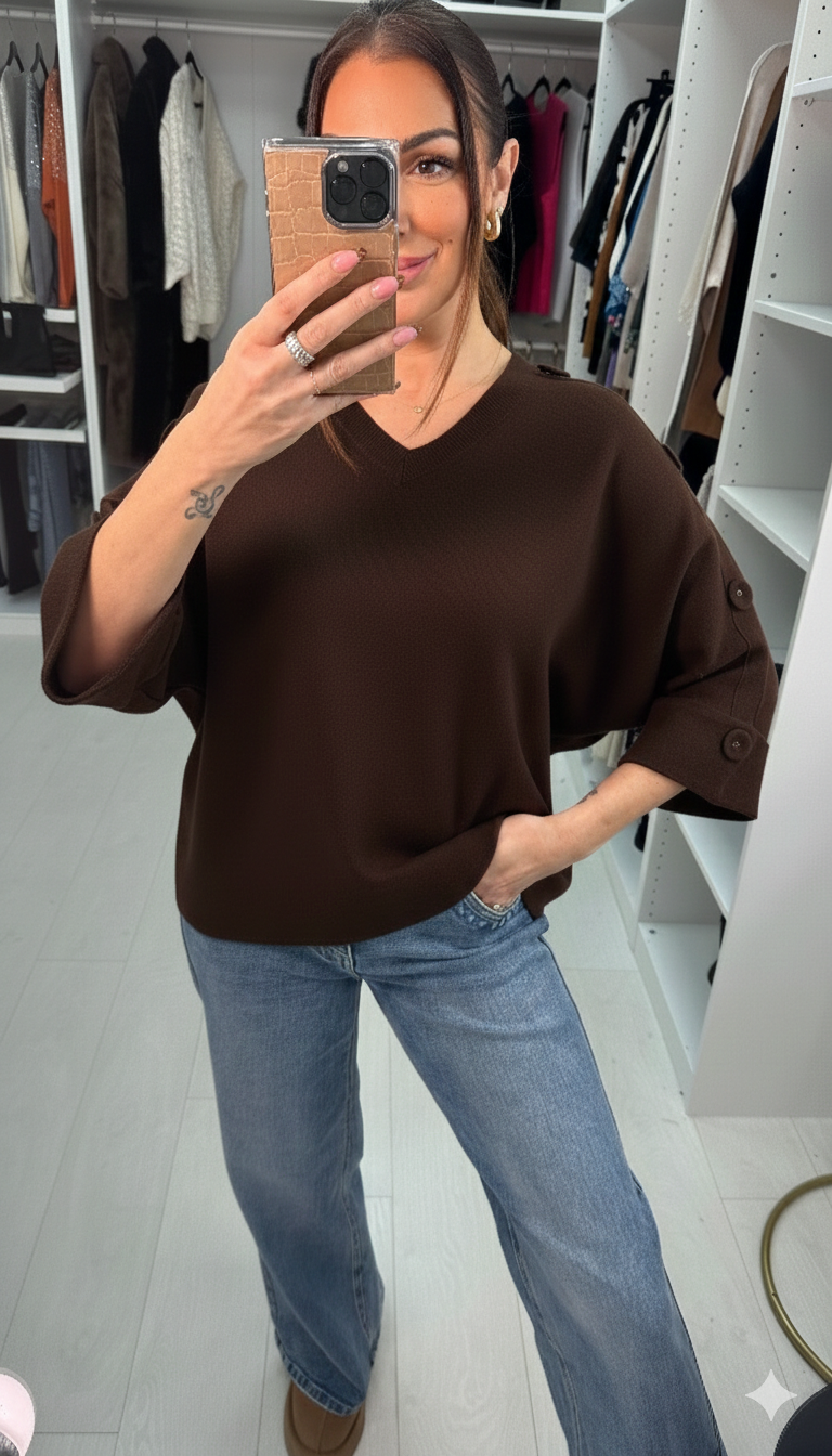 Evaline Button Detailed 3/4 Sleeve V Neck Jumper
