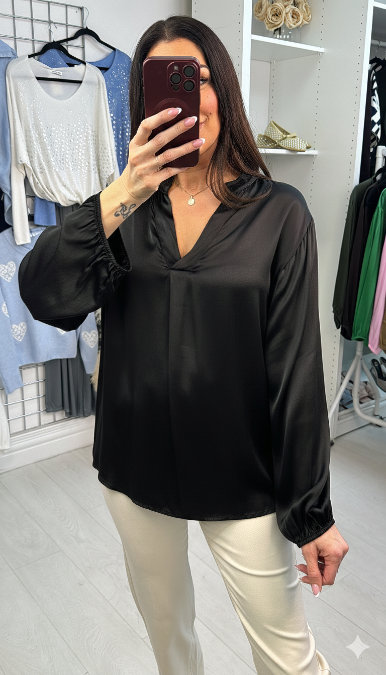 Lilou Plain V Neck Elasticated Cuff Satin Blouse