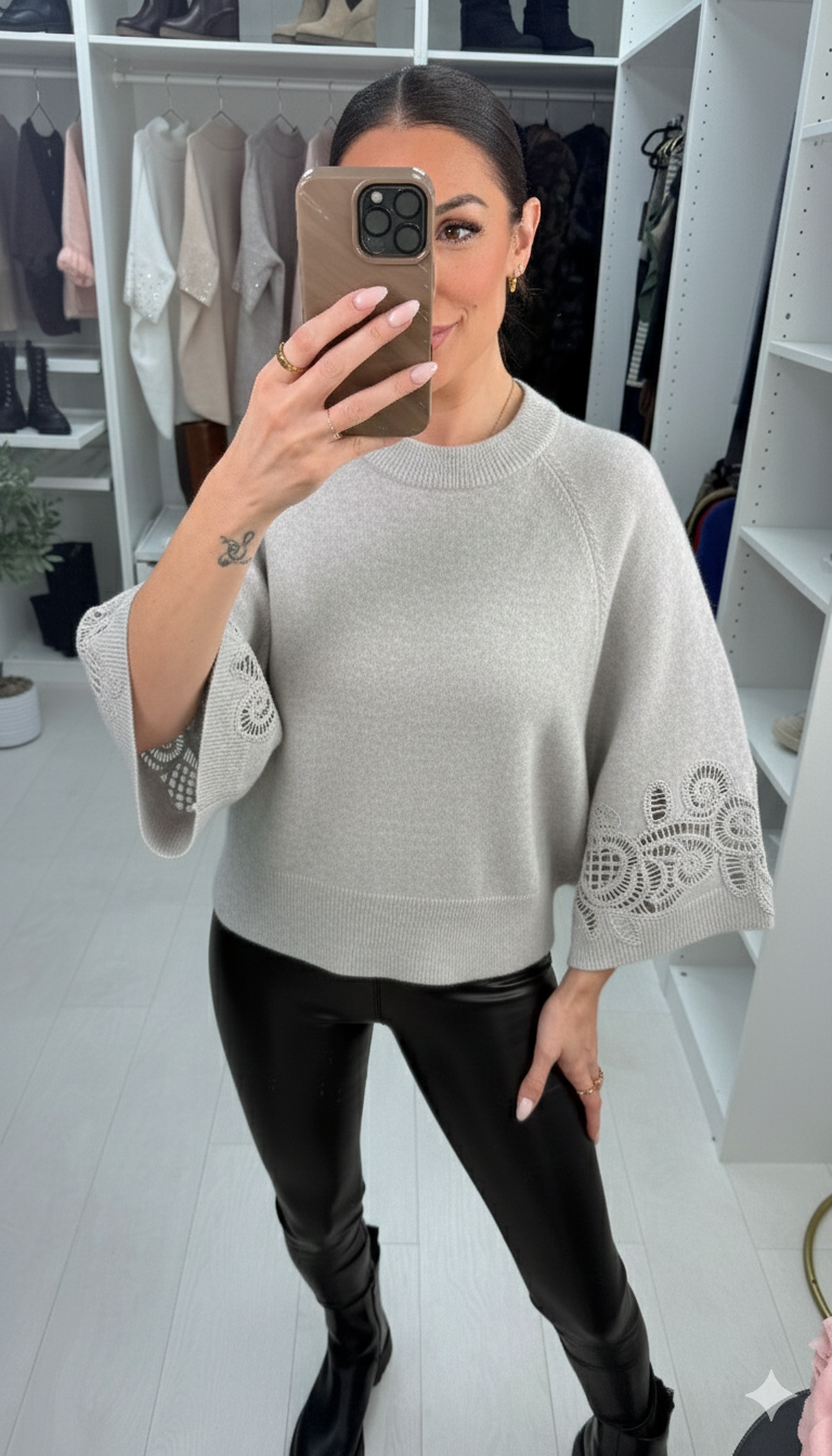 Oritsa Plain Crochet Detailed Sleeve Jumper