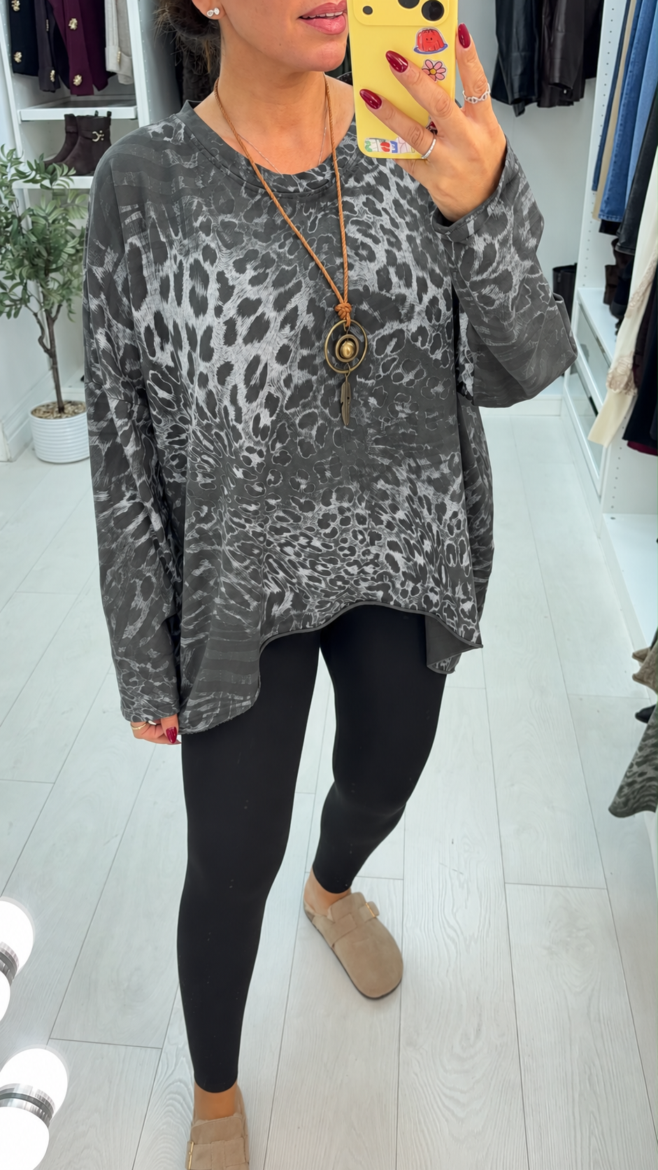 Everlie Animal Print Dipped Hem Necklace Top