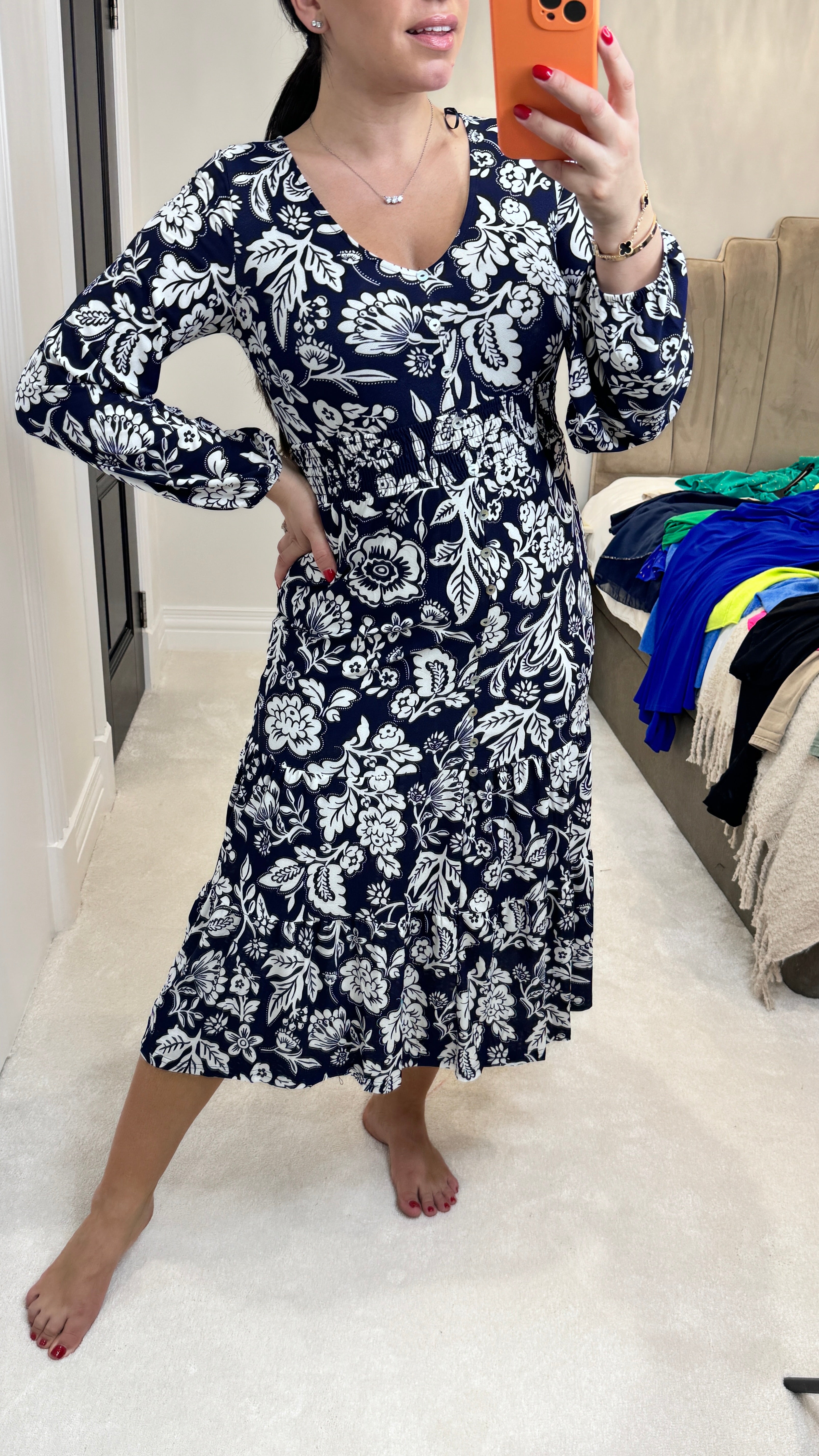 Raylan V Neck Floral Midi Stretch Dress