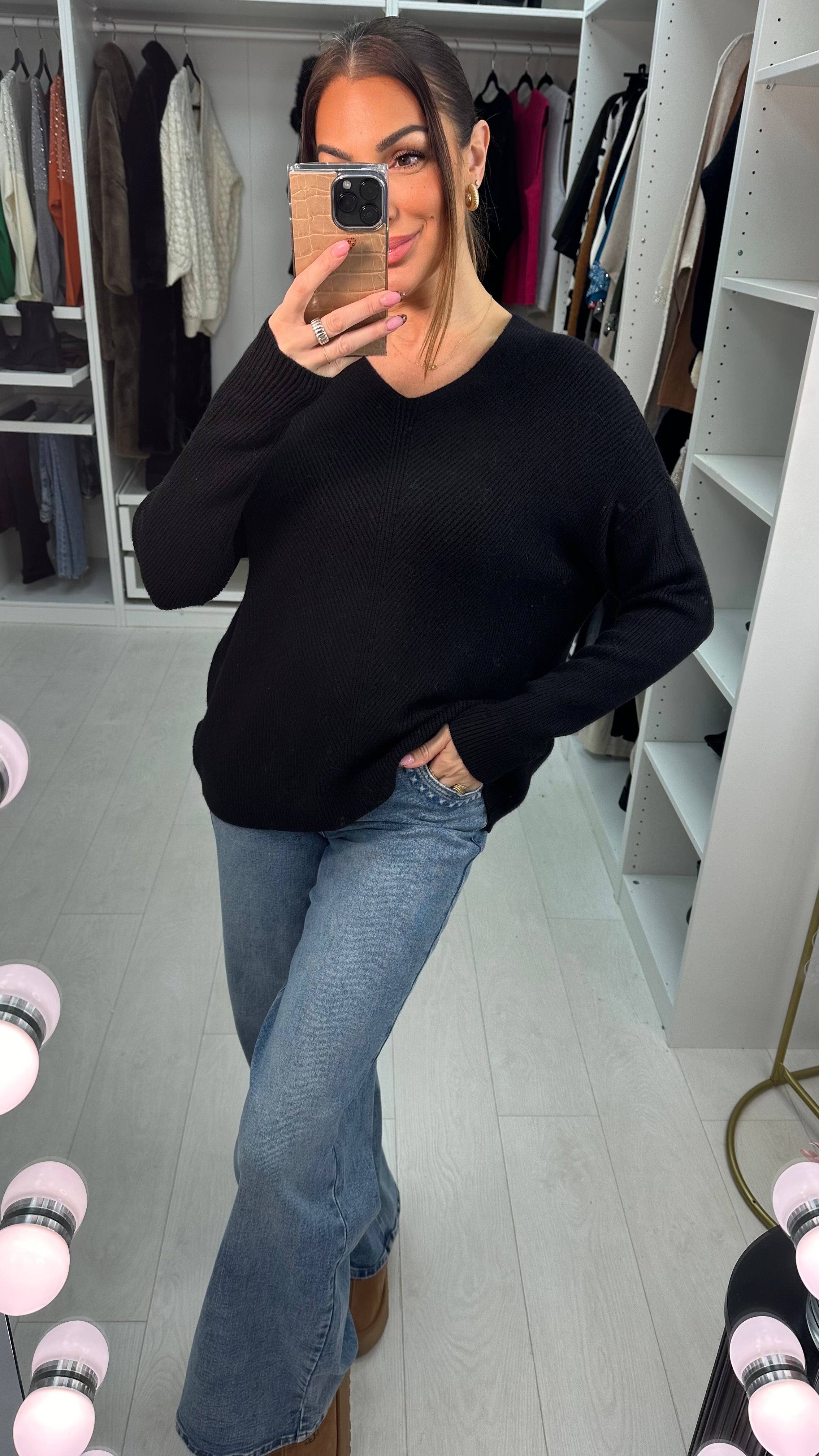 Neveah Plain Ribbed V Neck Knit Jumper