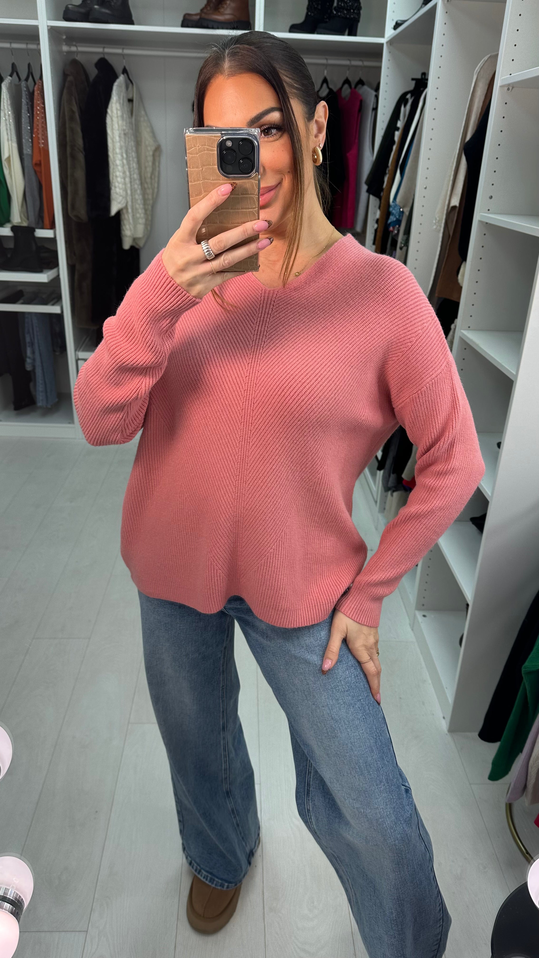 Neveah Plain Ribbed V Neck Knit Jumper