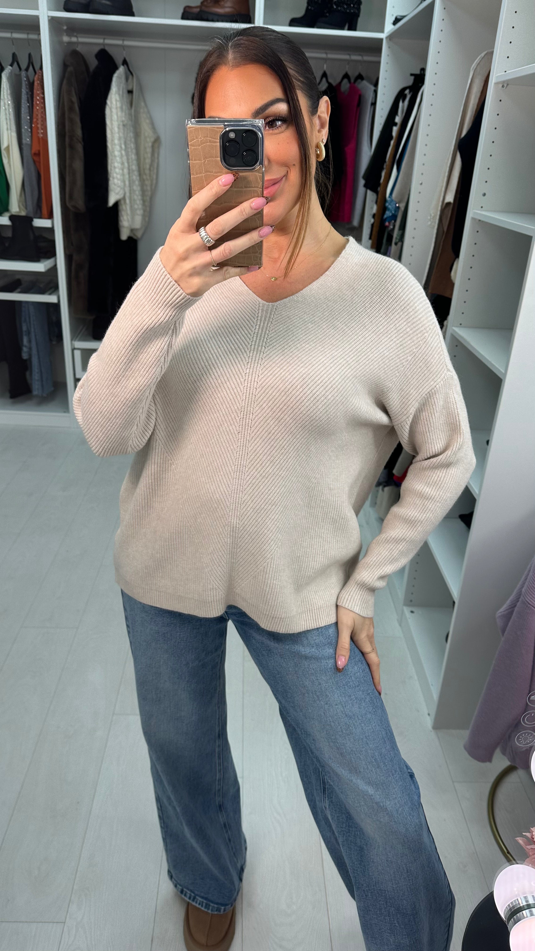 Neveah Plain Ribbed V Neck Knit Jumper