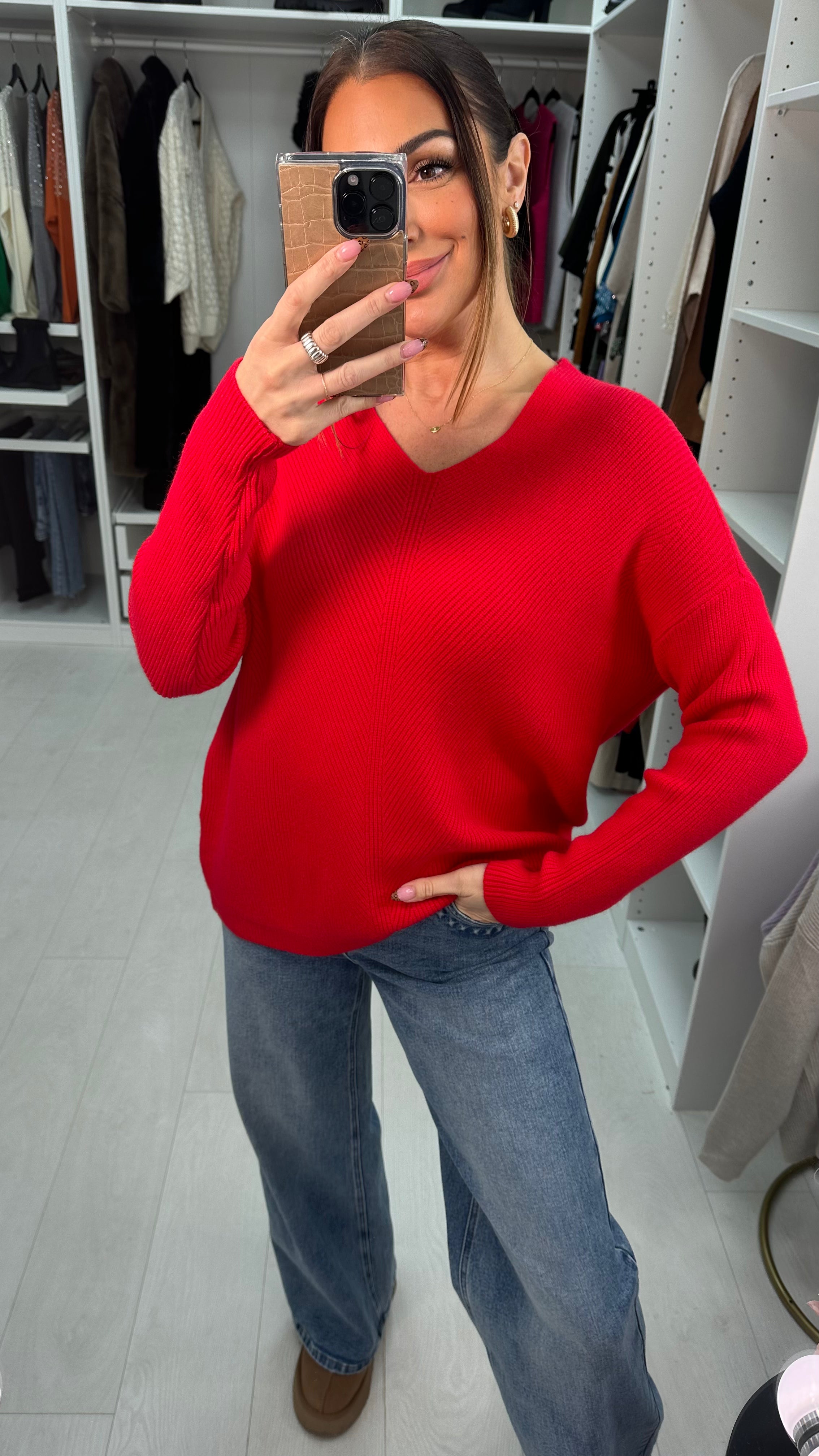 Neveah Plain Ribbed V Neck Knit Jumper