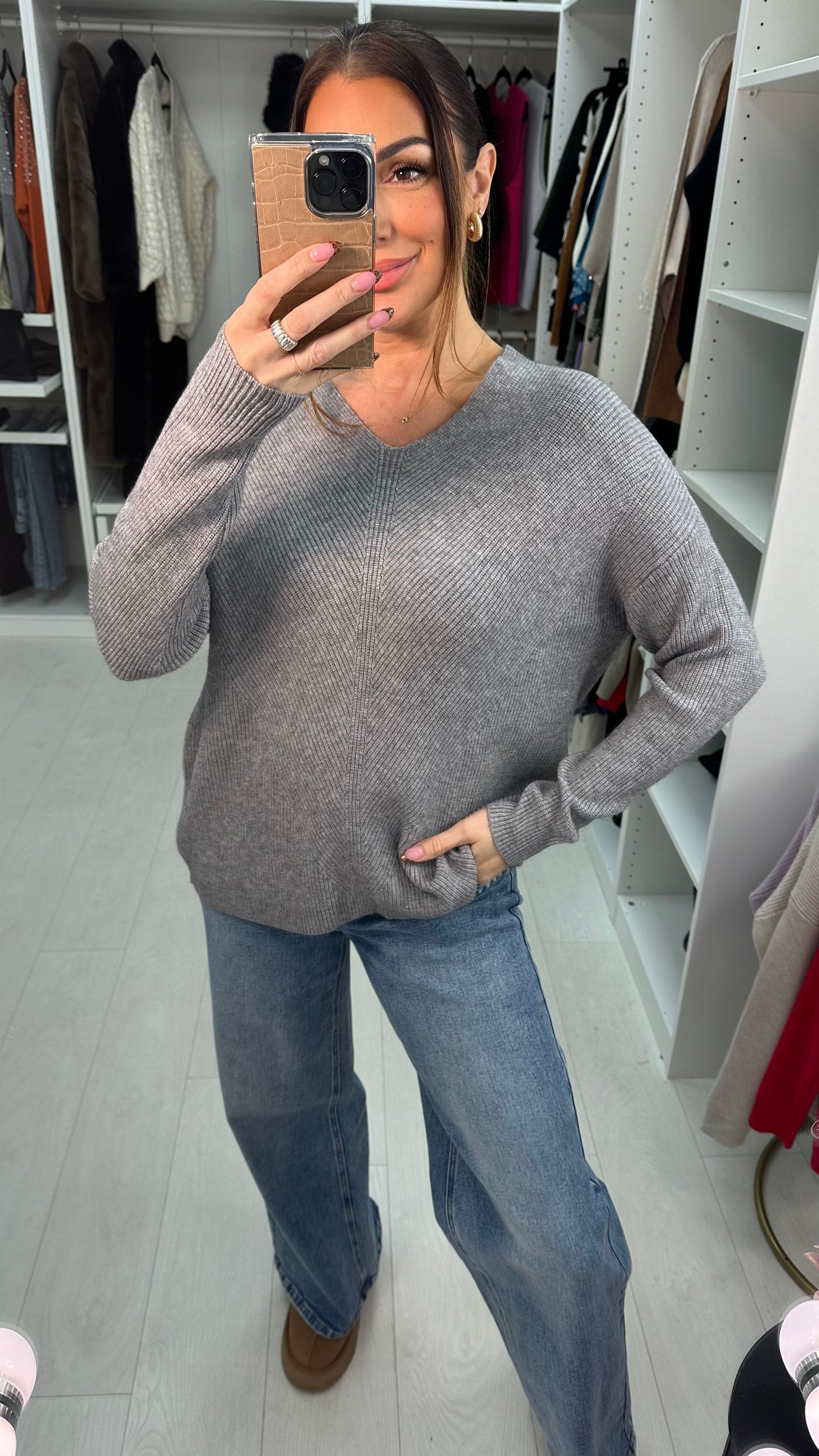 Neveah Plain Ribbed V Neck Knit Jumper