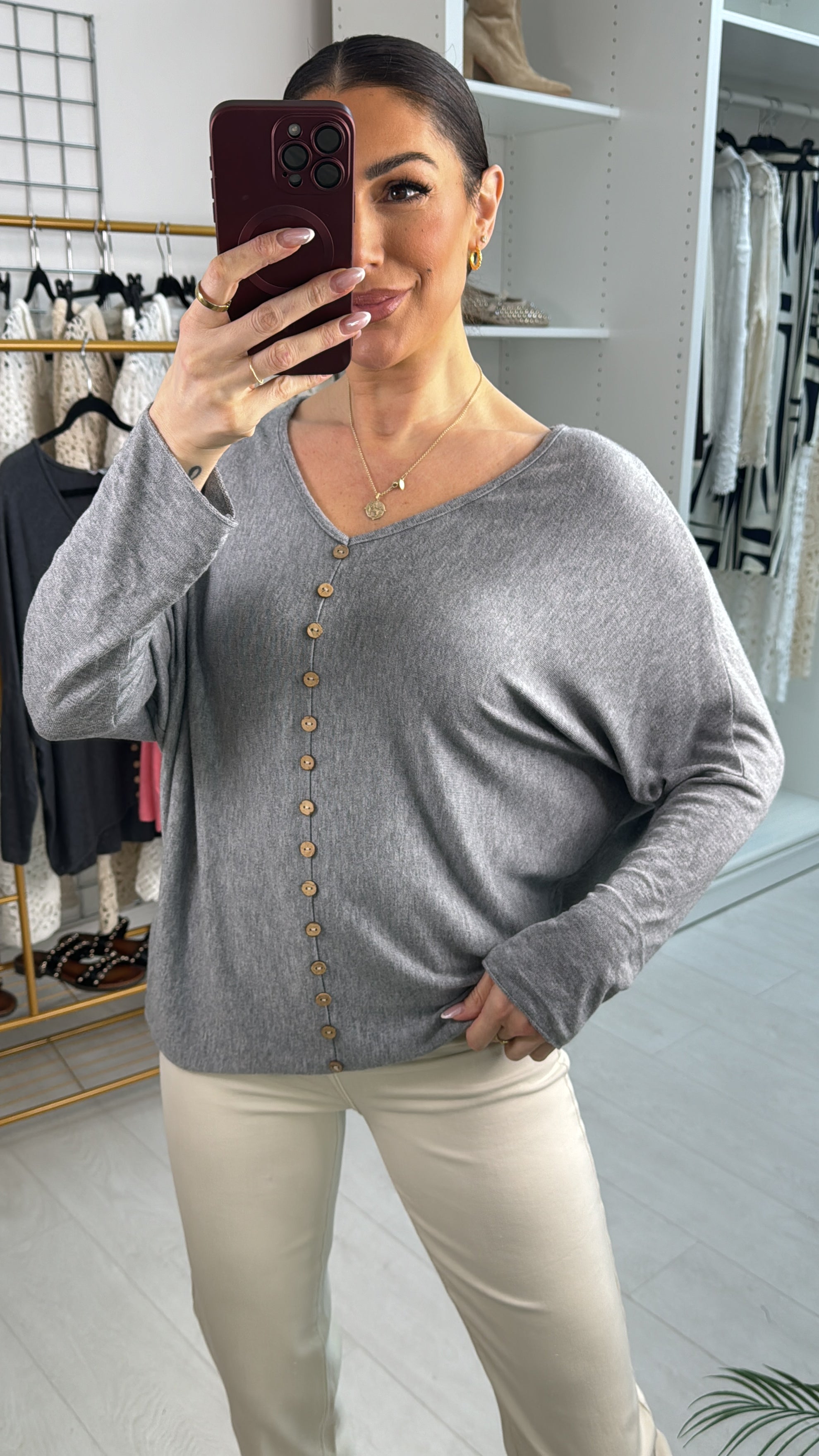 Bonita Button Detailed V Neck Knit Jumper