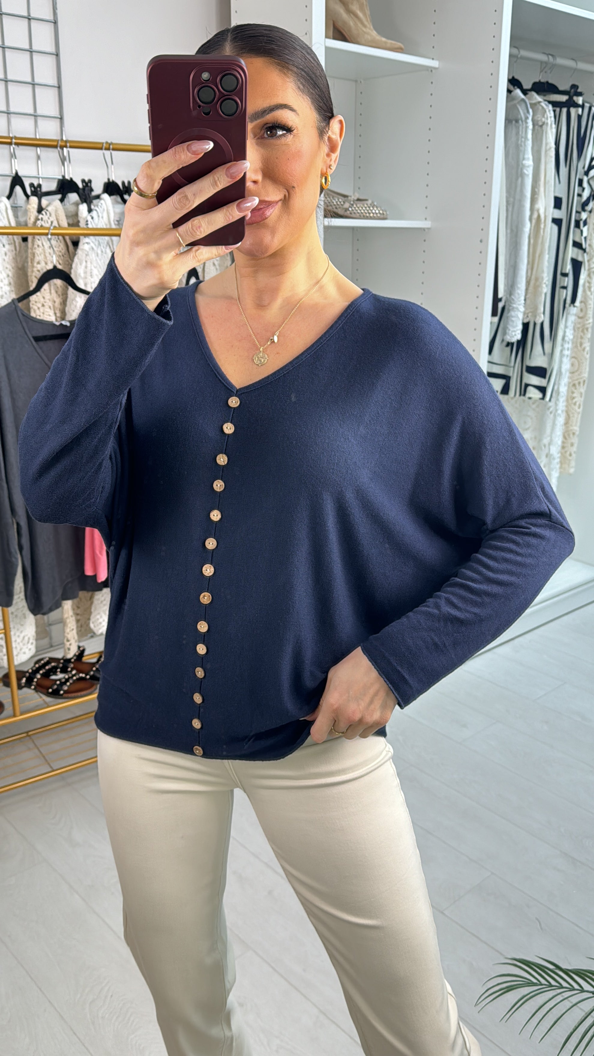 Bonita Button Detailed V Neck Knit Jumper