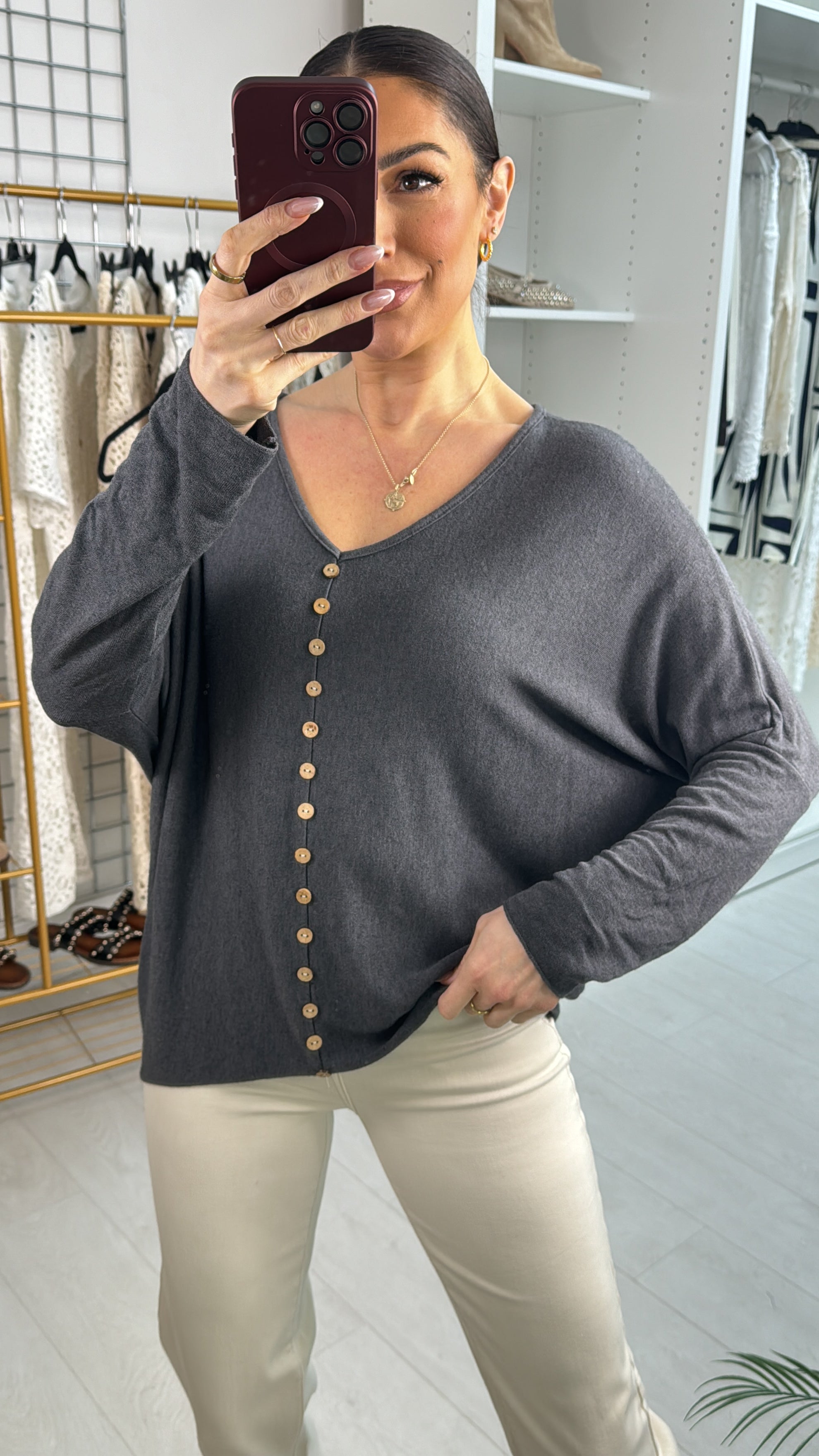 Bonita Button Detailed V Neck Knit Jumper