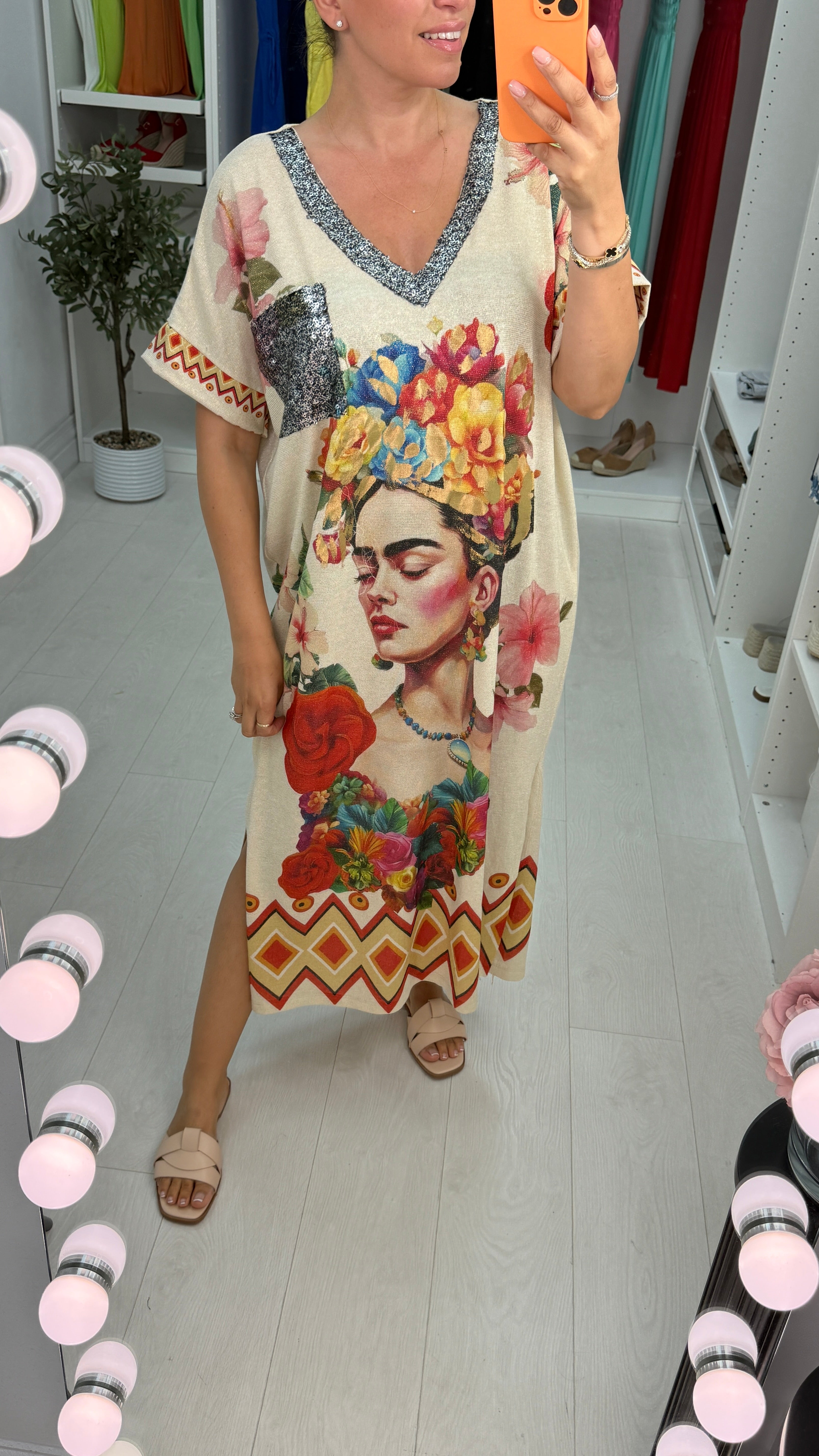 Zaina Floral Print Embellished Loose Fit Dress