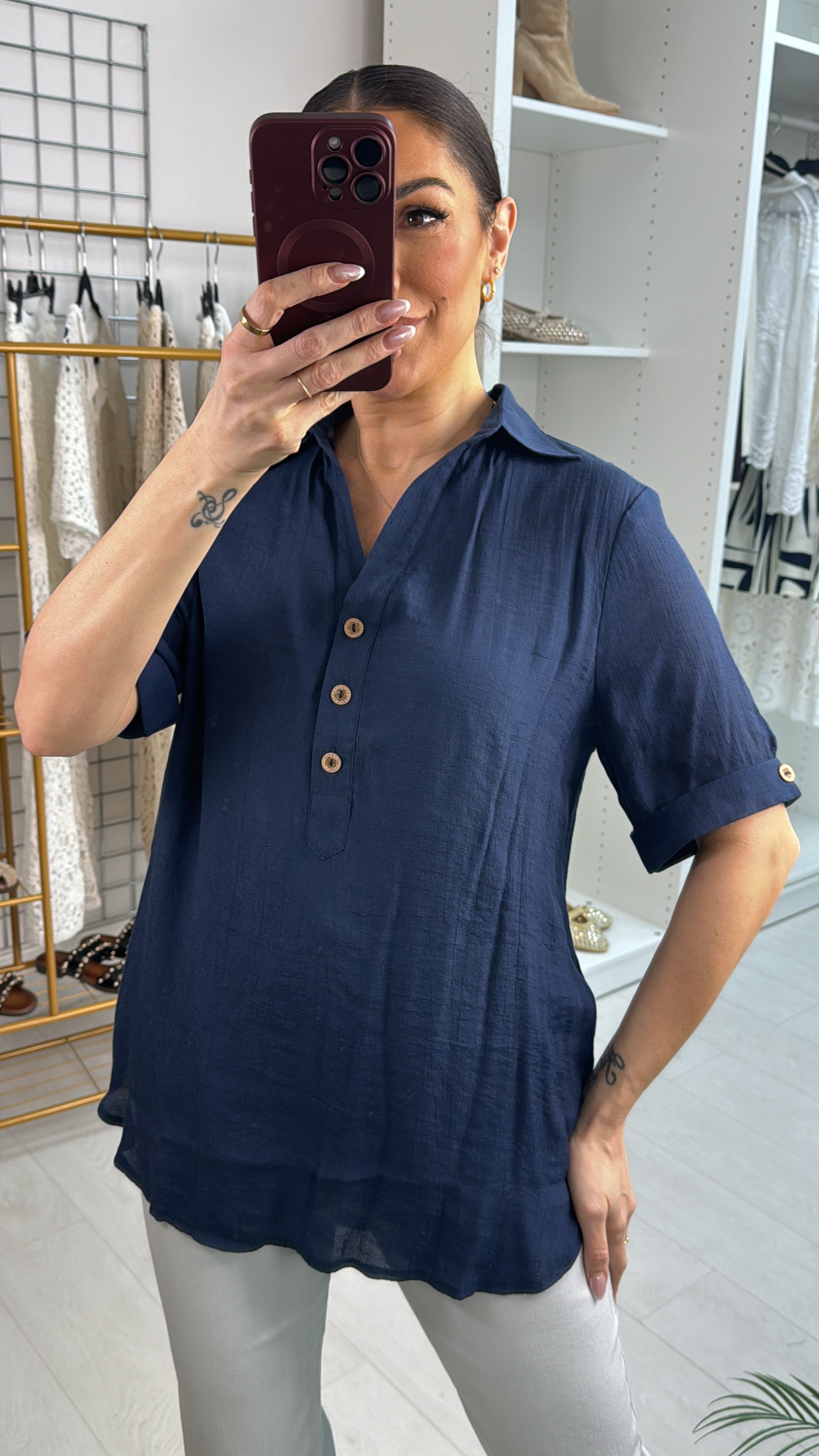 Lucille Loose Fit Linen Button Dipped Hem Shirt