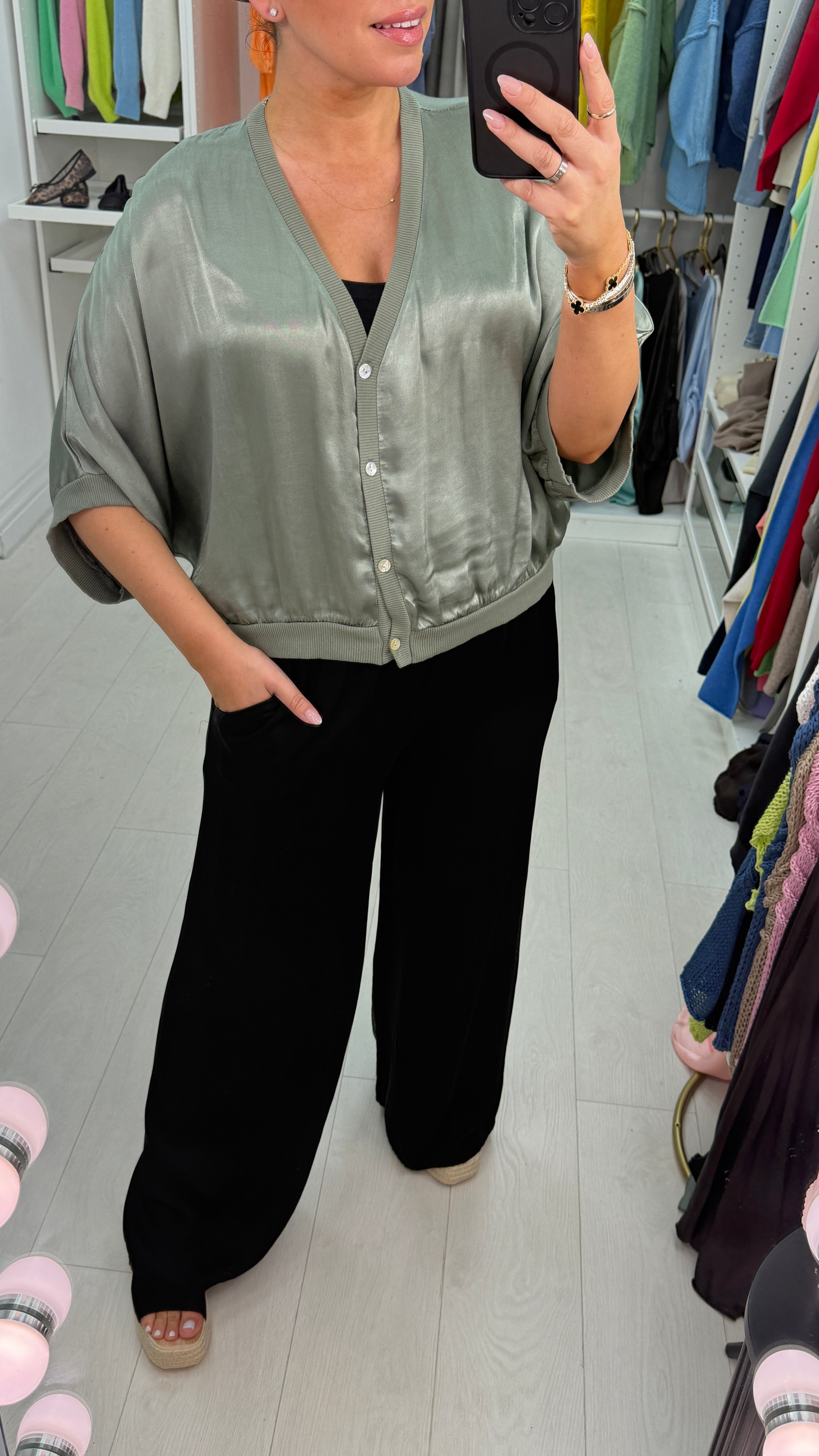 Deana Plain V Neck Button Front Satin Top