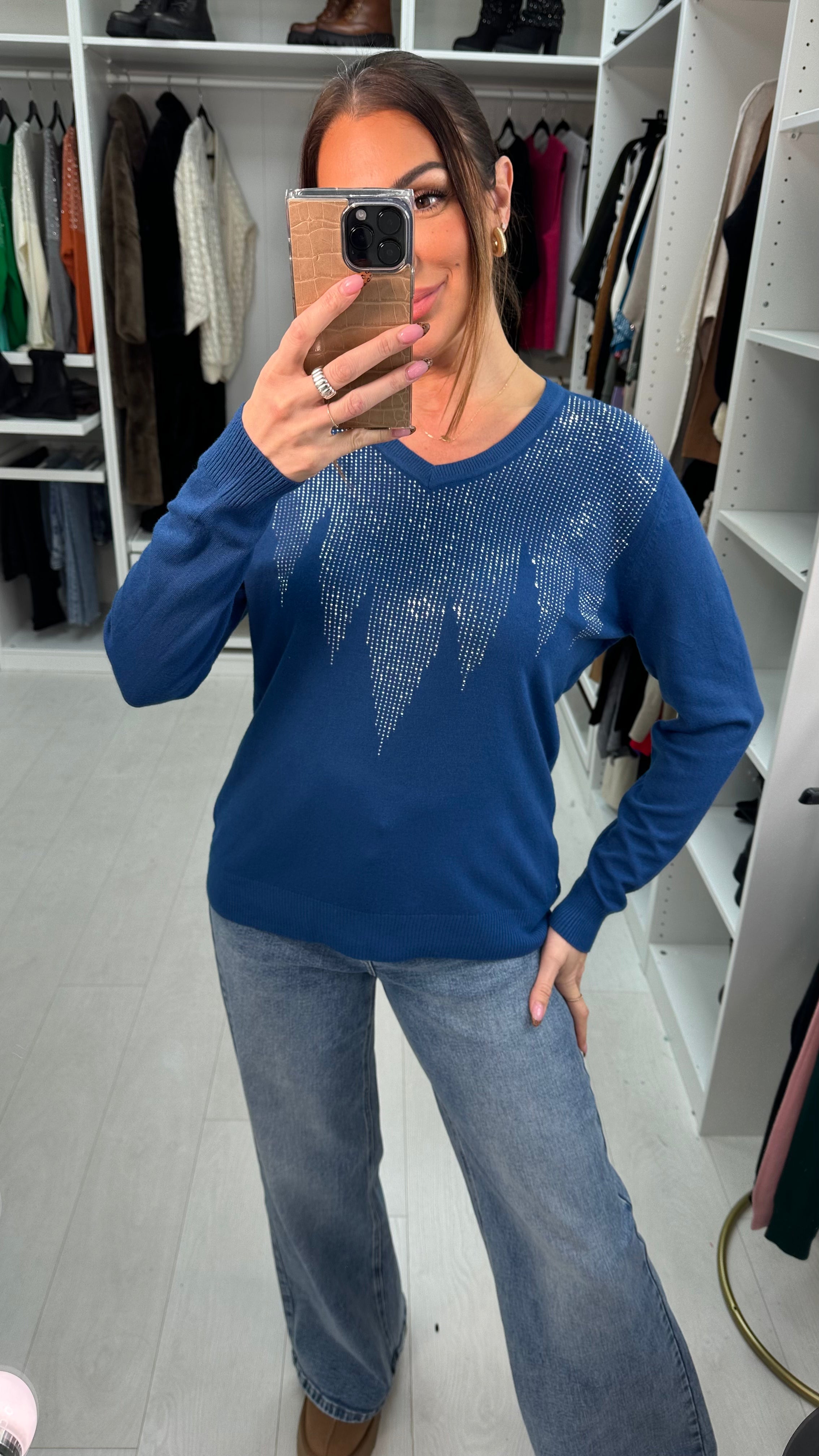 Amisha Diamante Sparkle V Neck Knit Jumper