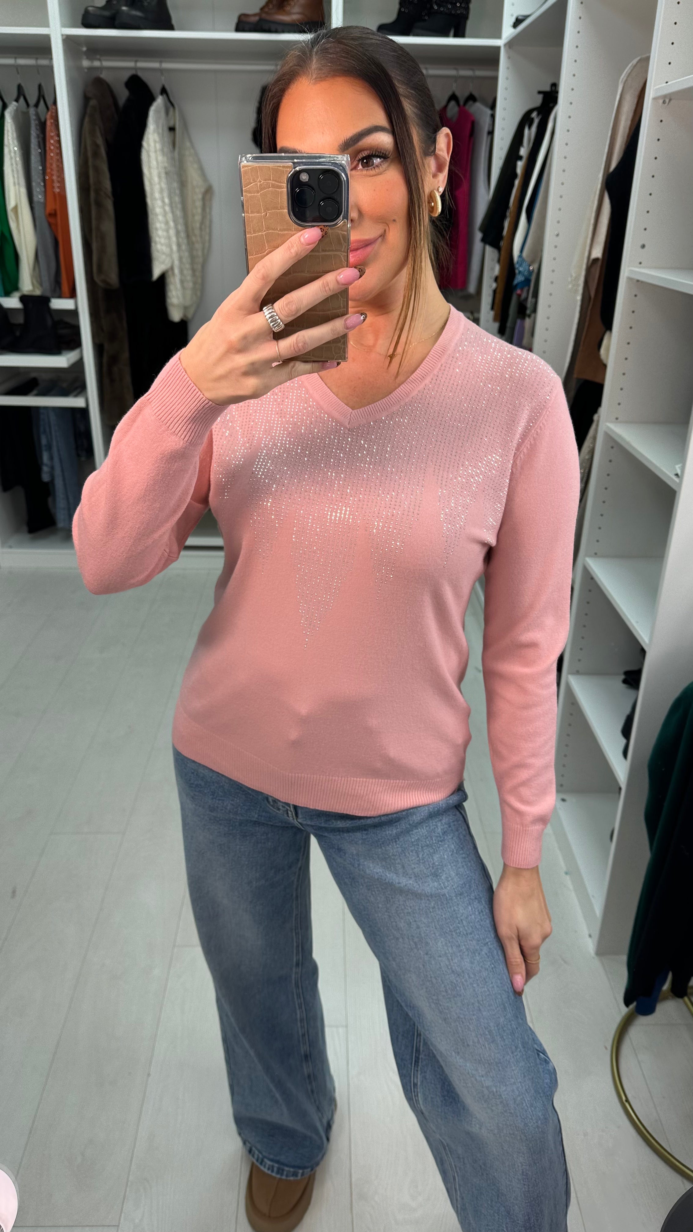 Amisha Diamante Sparkle V Neck Knit Jumper