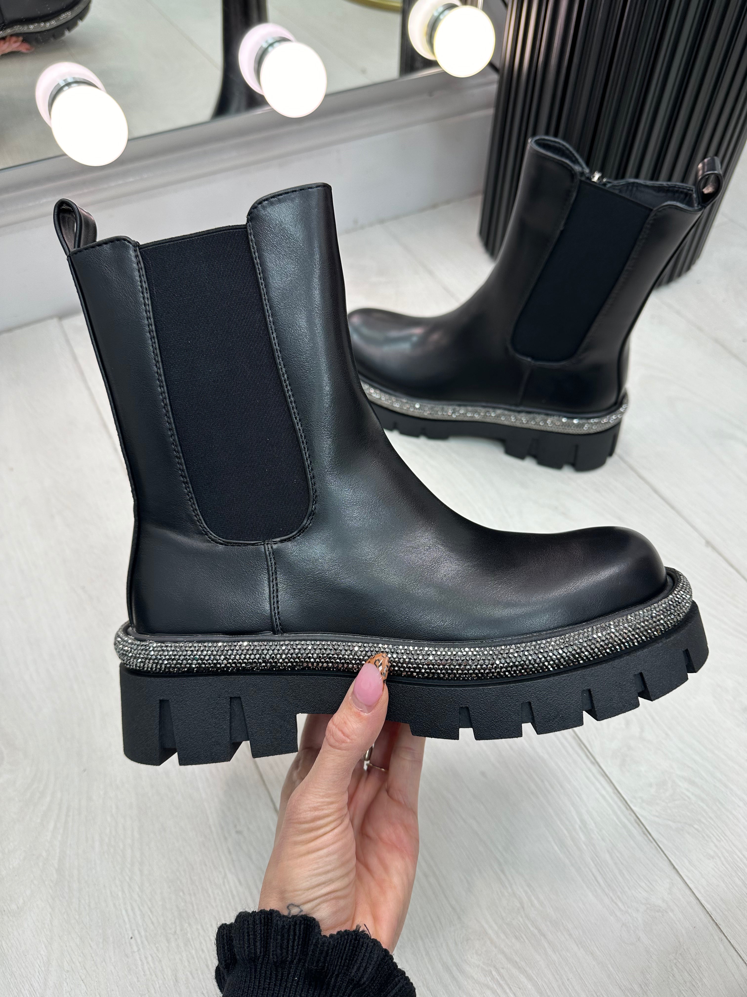 Cecily Faux Leather Embellished Sole Chunky Boots