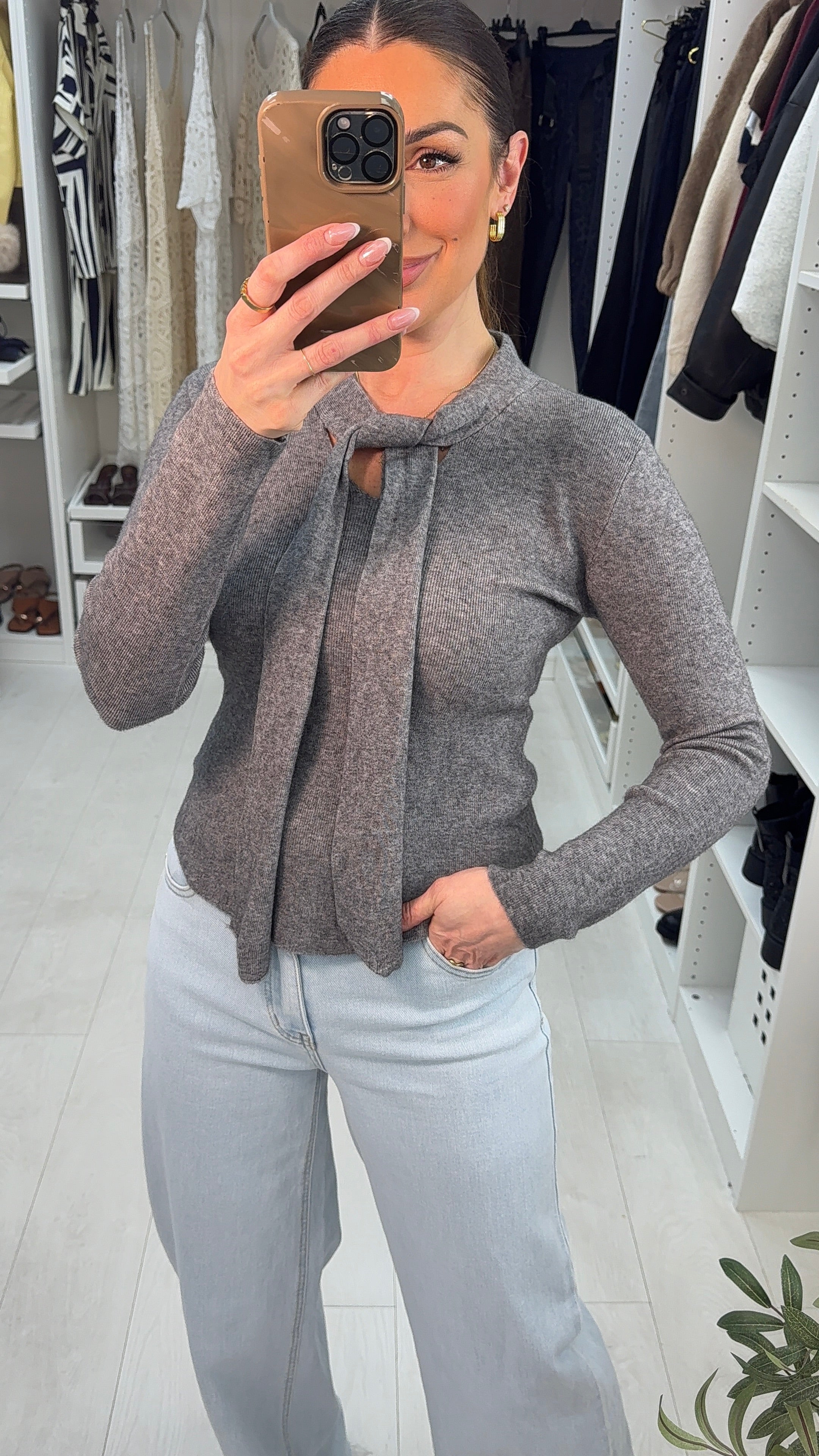 Beatrice Plain Ribbed Knit Pussybow Jumper