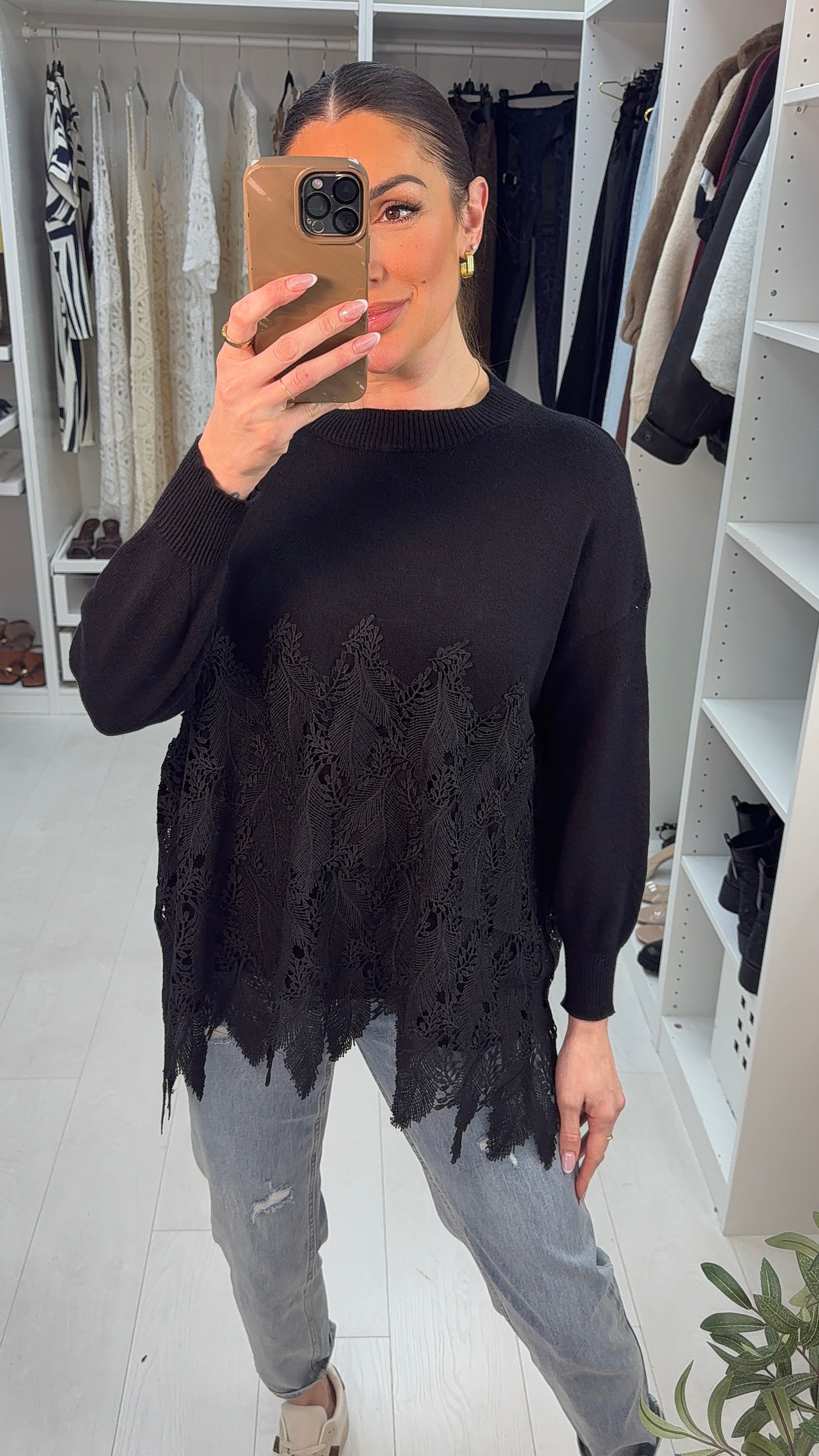 Shauna Crochet Detailed Dipped Hem Jumper