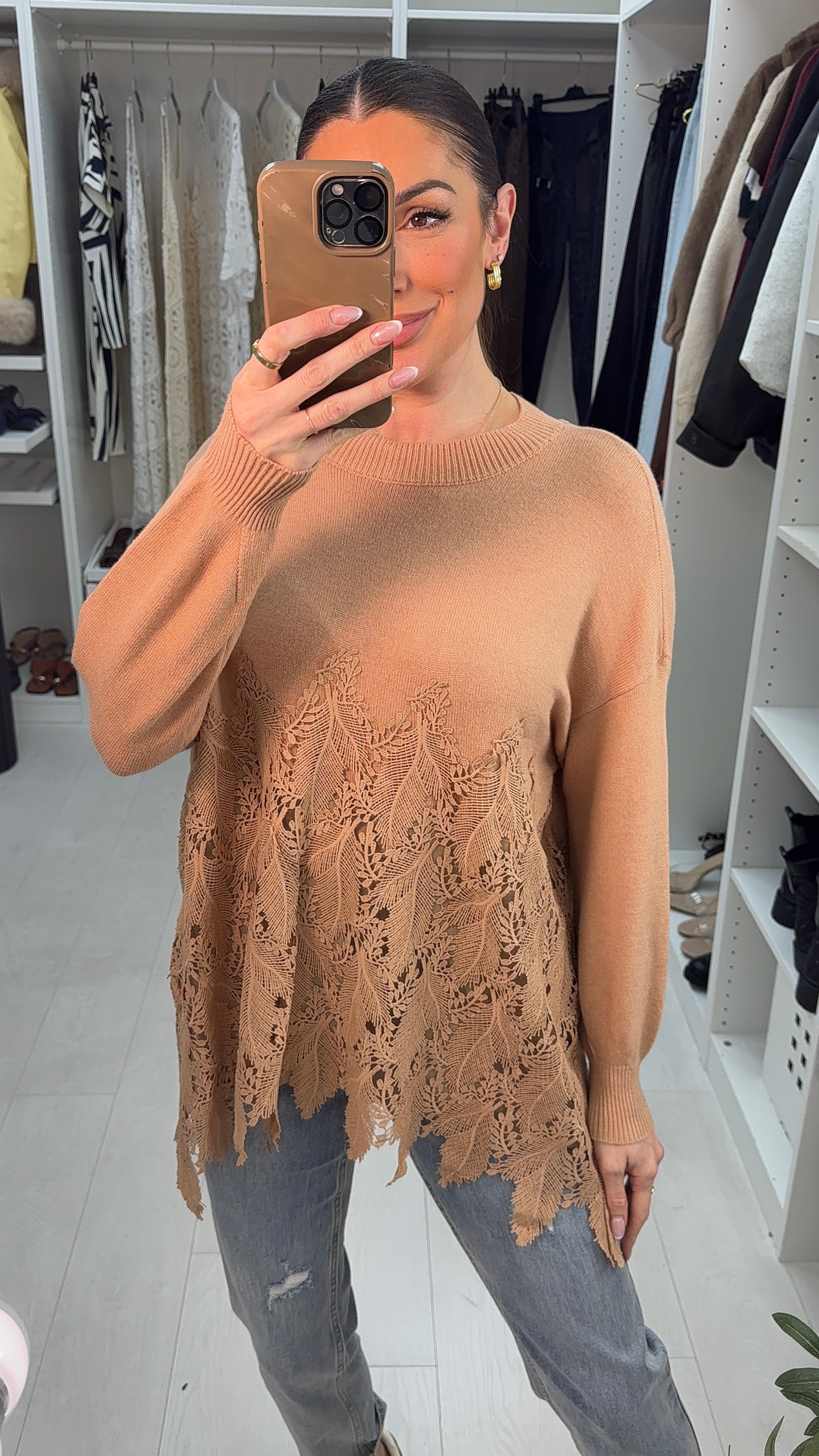 Shauna Crochet Detailed Dipped Hem Jumper