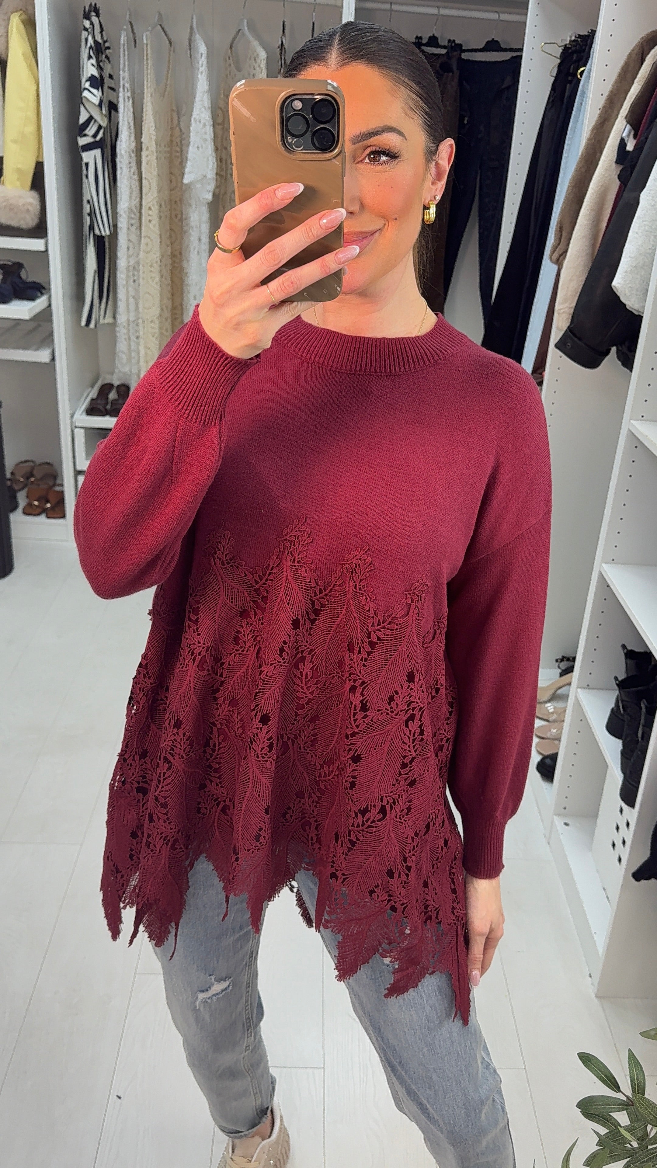 Shauna Crochet Detailed Dipped Hem Jumper