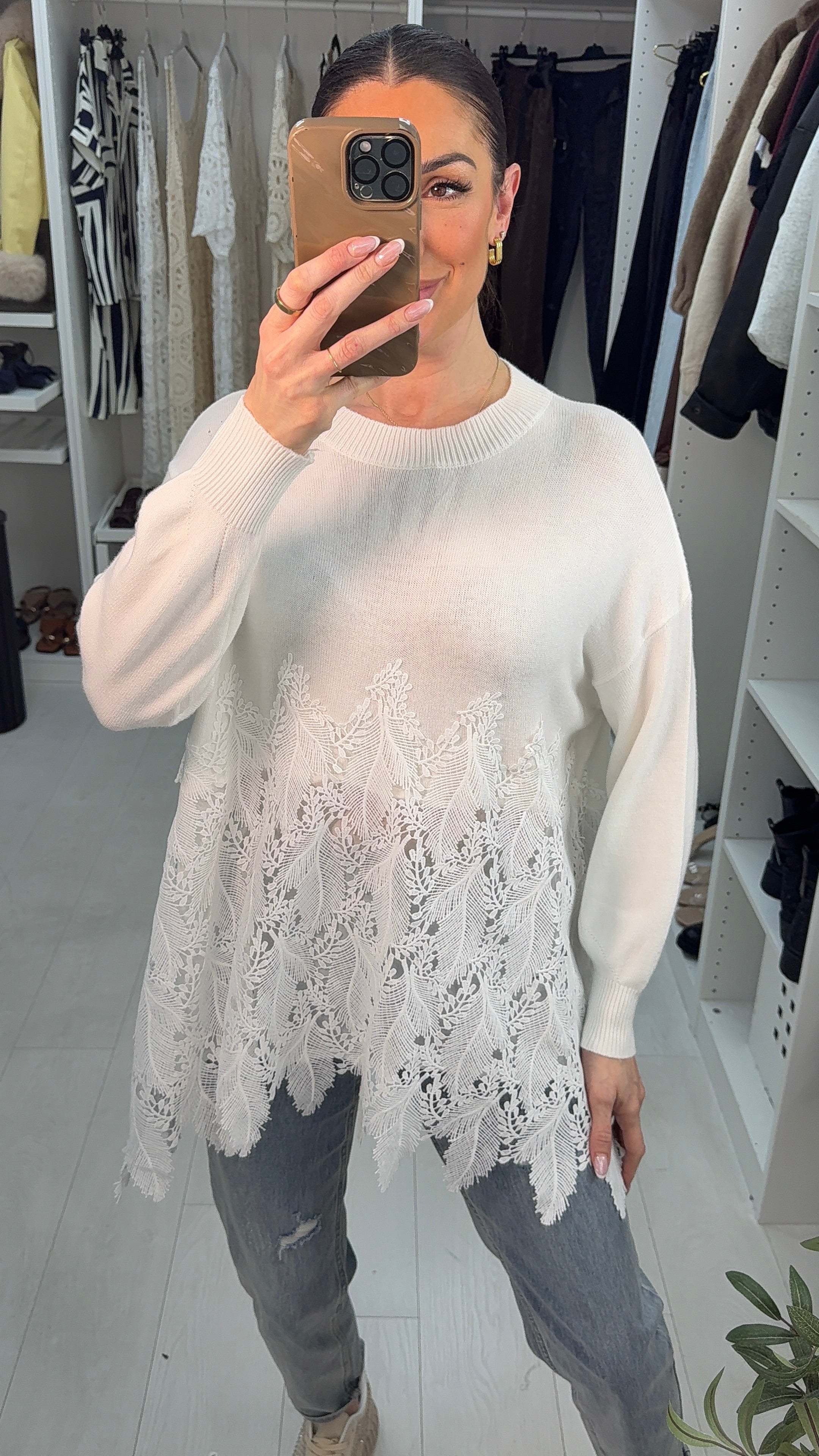 Shauna Crochet Detailed Dipped Hem Jumper