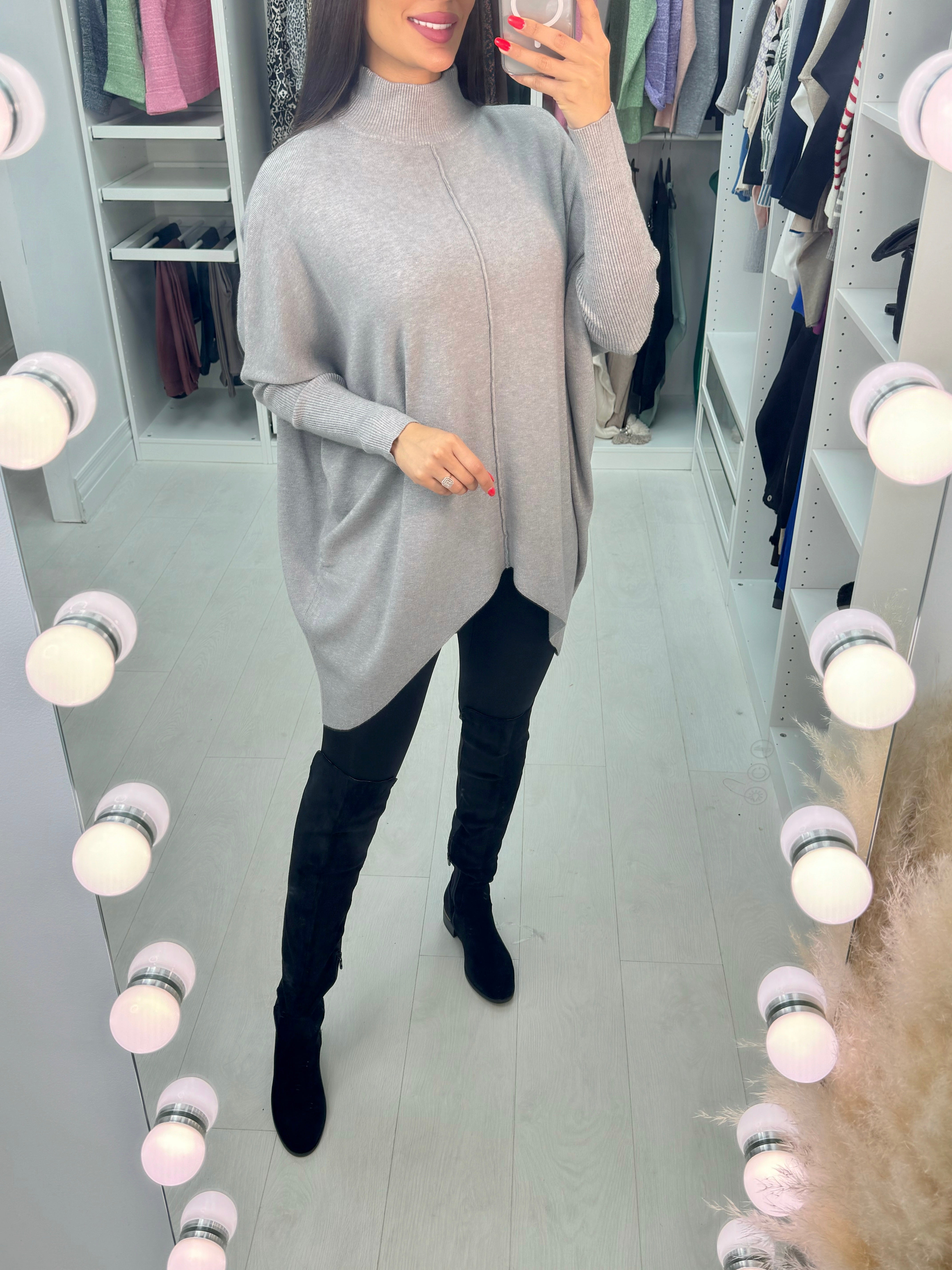 Danya Oversized Ribbed High Neck Dipped Hem Knit Jumper