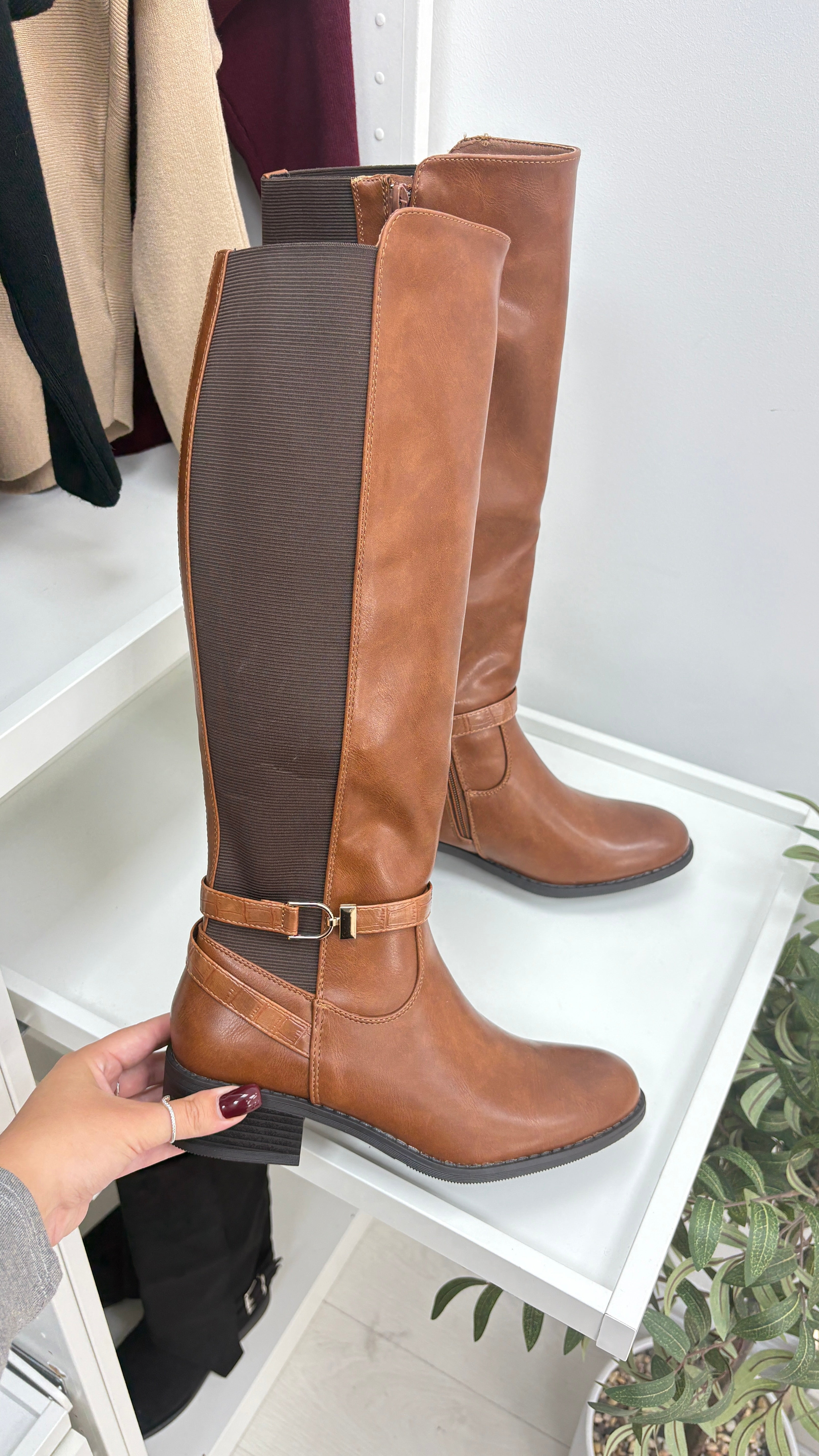 Zinnia Faux Leather Gold Buckle Detail Knee High Boots