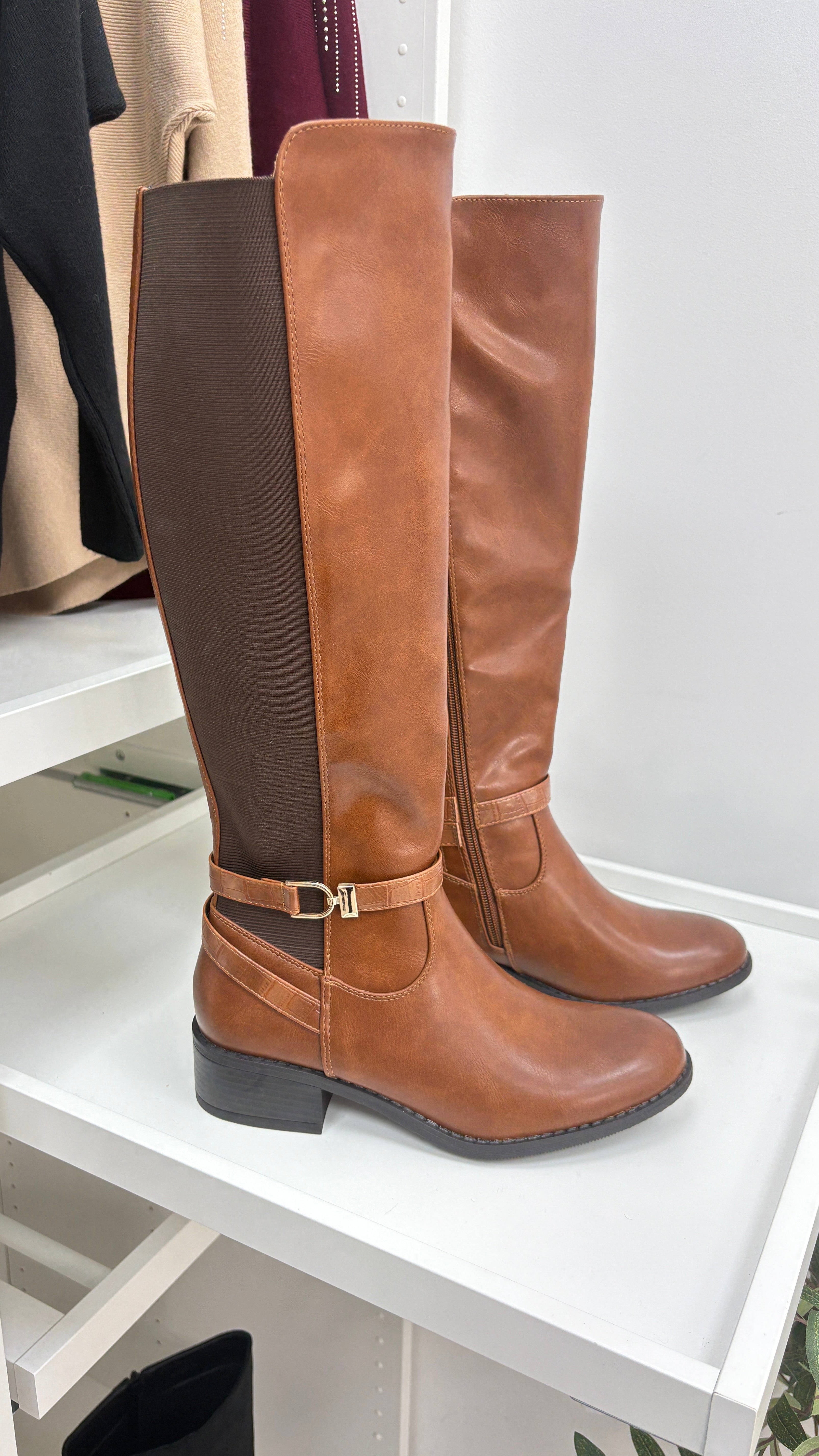 Zinnia Faux Leather Gold Buckle Detail Knee High Boots