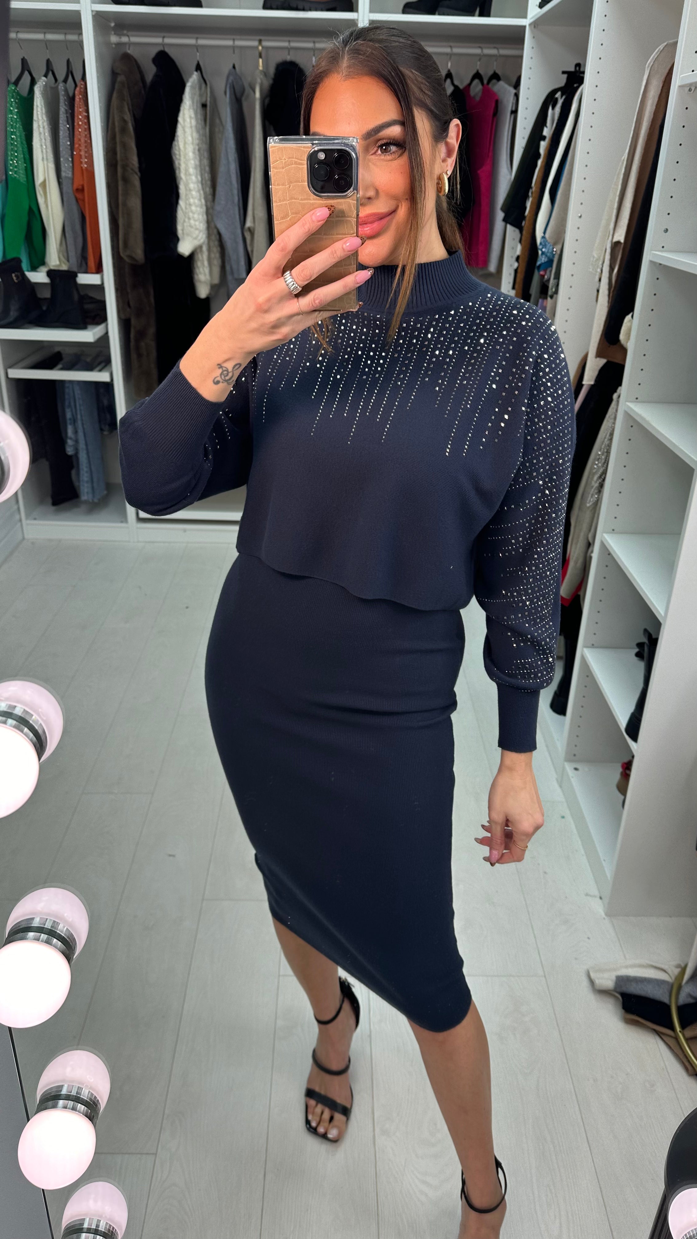 Clair Diamante Detail High Neck Knitted Dress Co-Ord Set