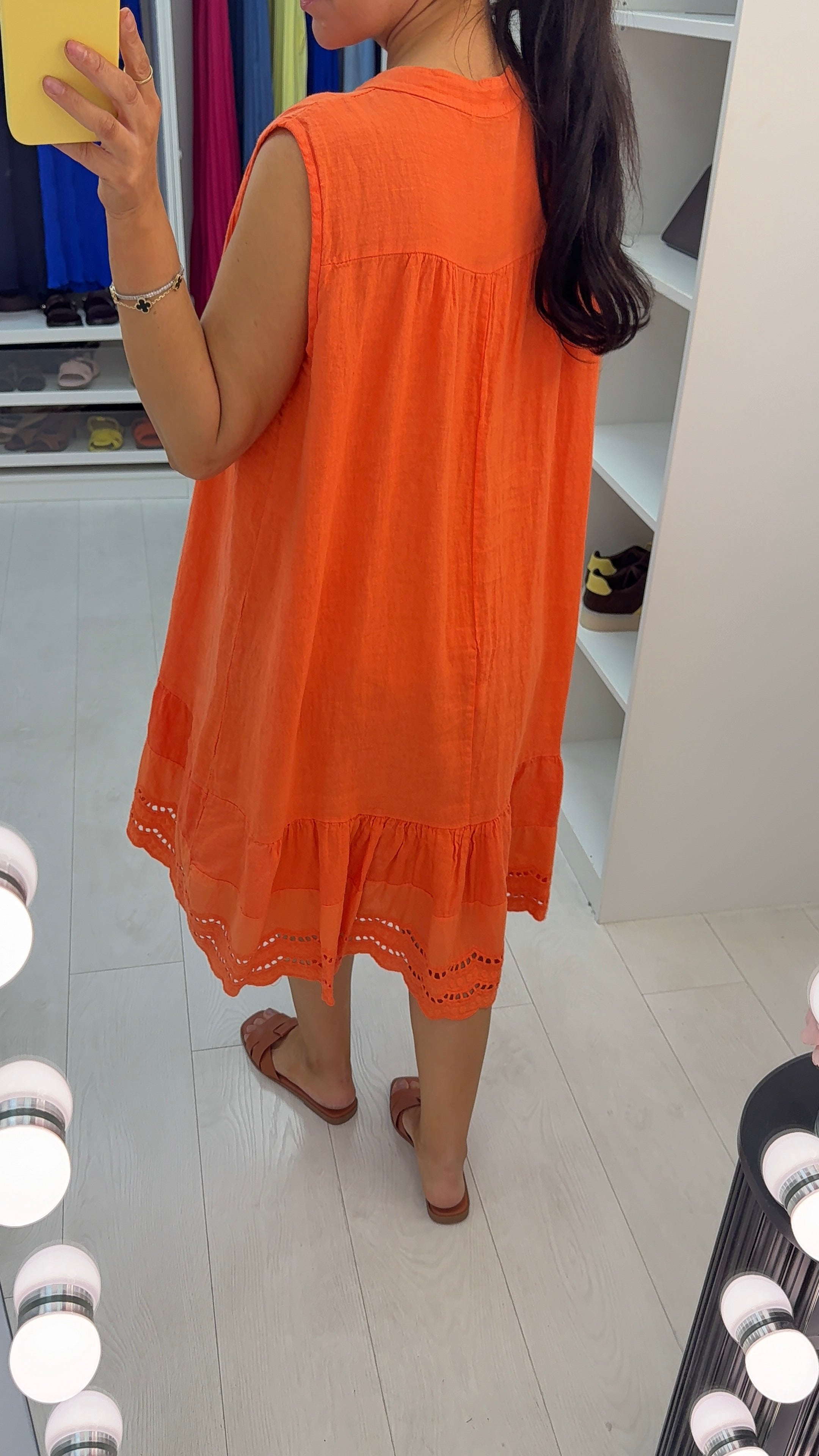 Velma Plain Button Detailed Scalloped Hem Linen Dress