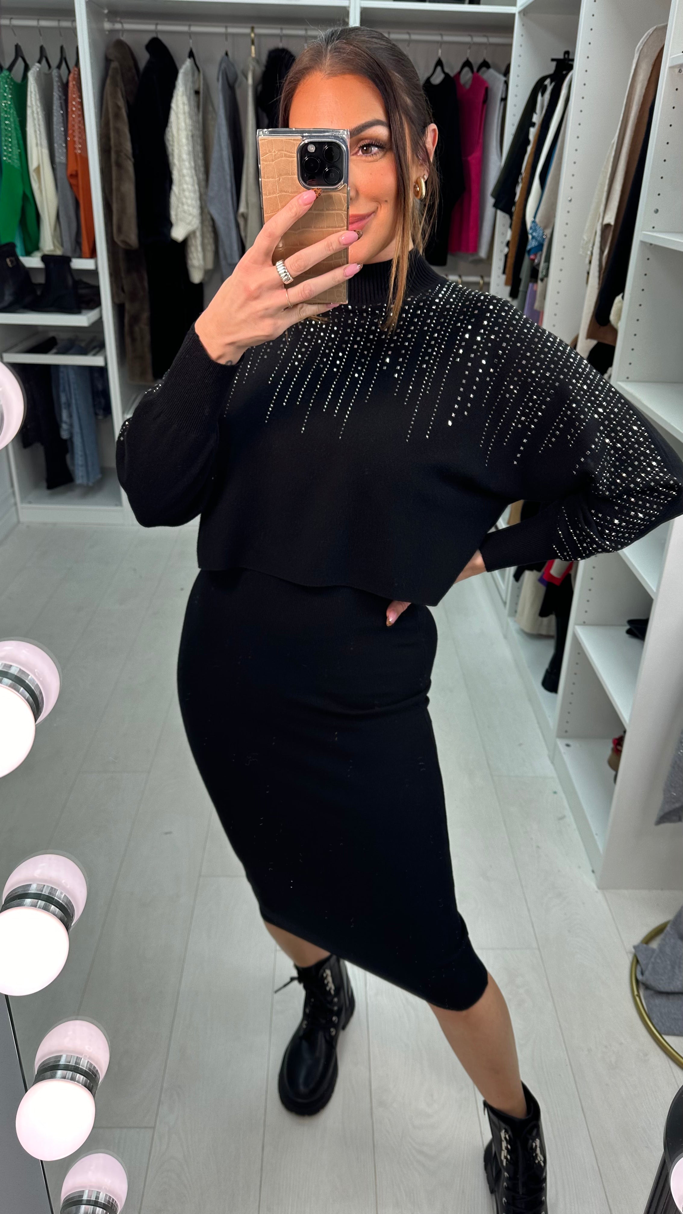 Clair Diamante Detail High Neck Knitted Dress Co-Ord Set